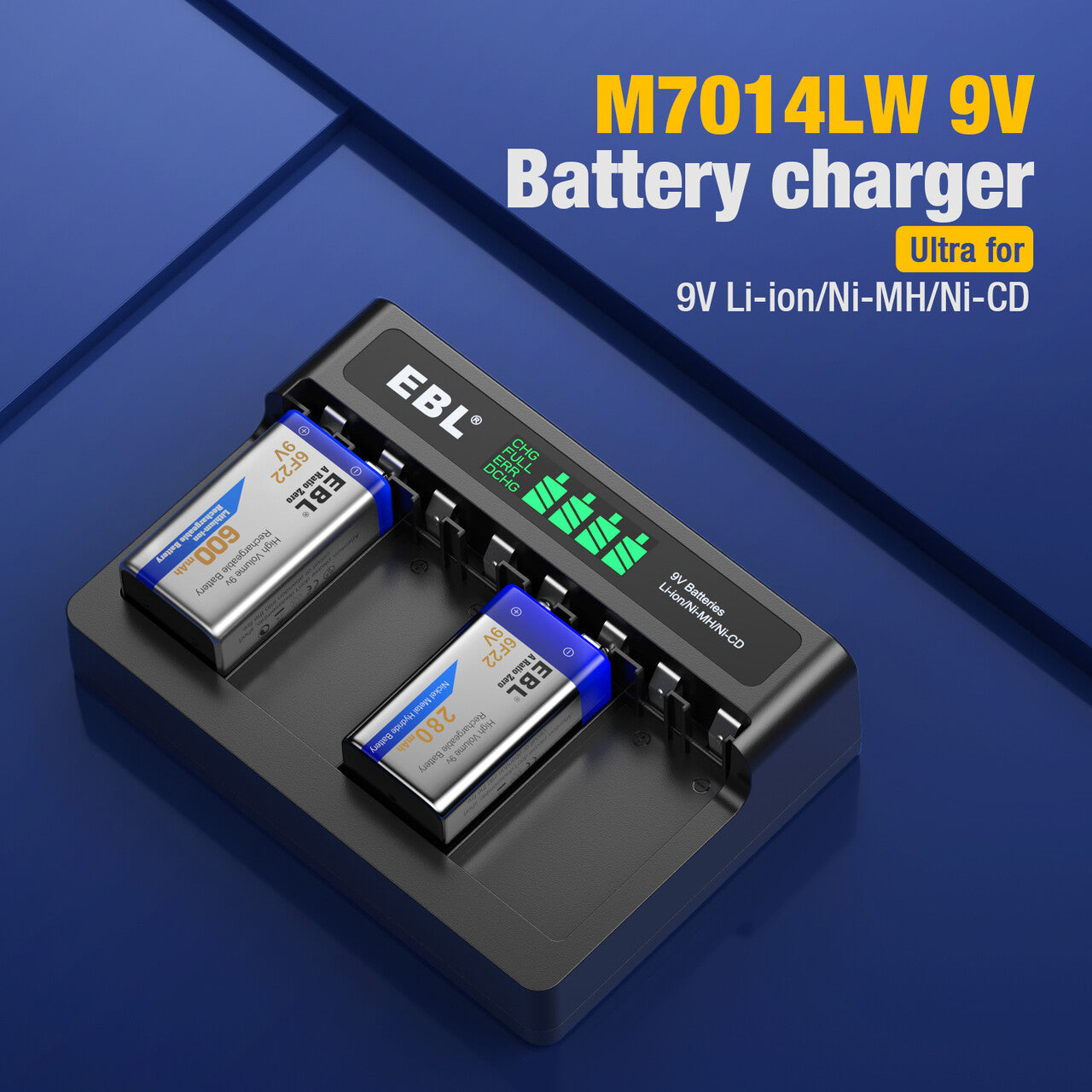 EBL Rechargeable 9V Lithium Ion Batteries with M7014LW Charger - Long Lasting Power for Smoke Detectors, Guitar Pedals & Electronic Devices