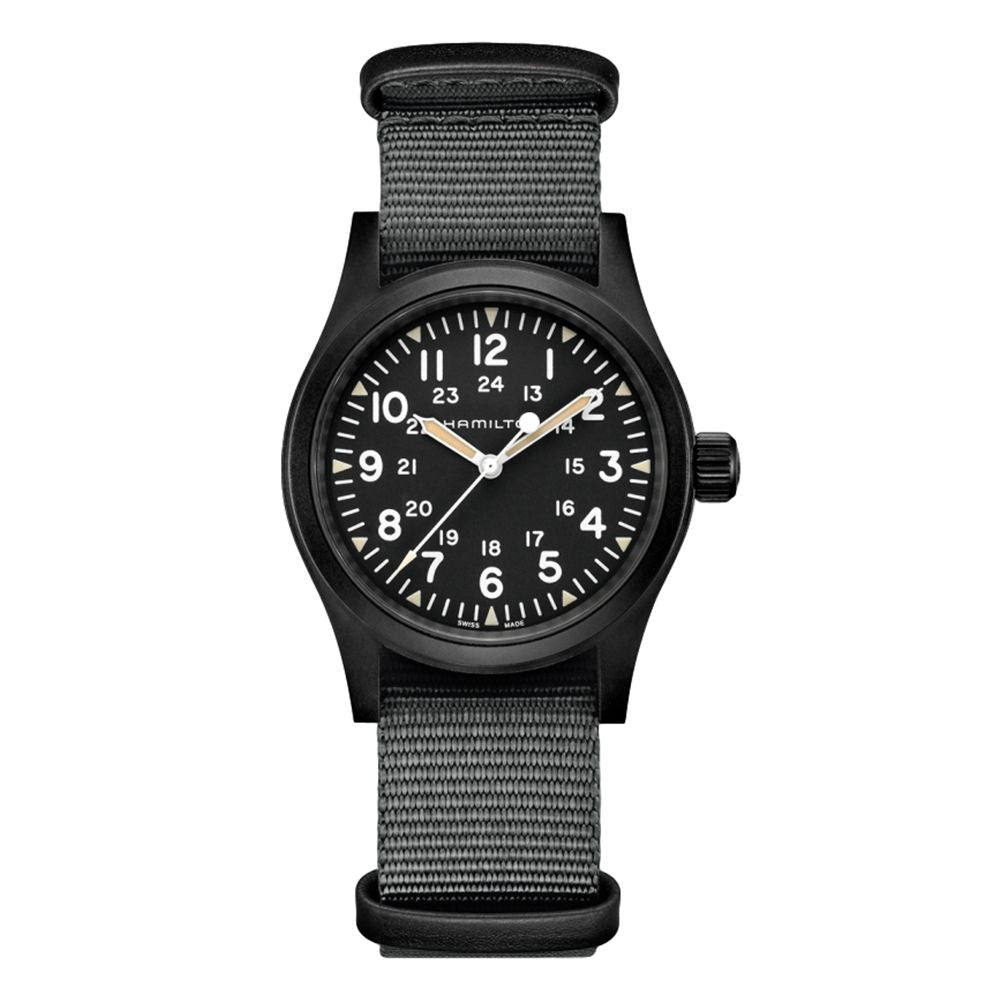 Khaki Field Mechanical Black PVD 38mm Watch with Two-Piece Strap - Perfect for Outdoor Adventures & Military Style