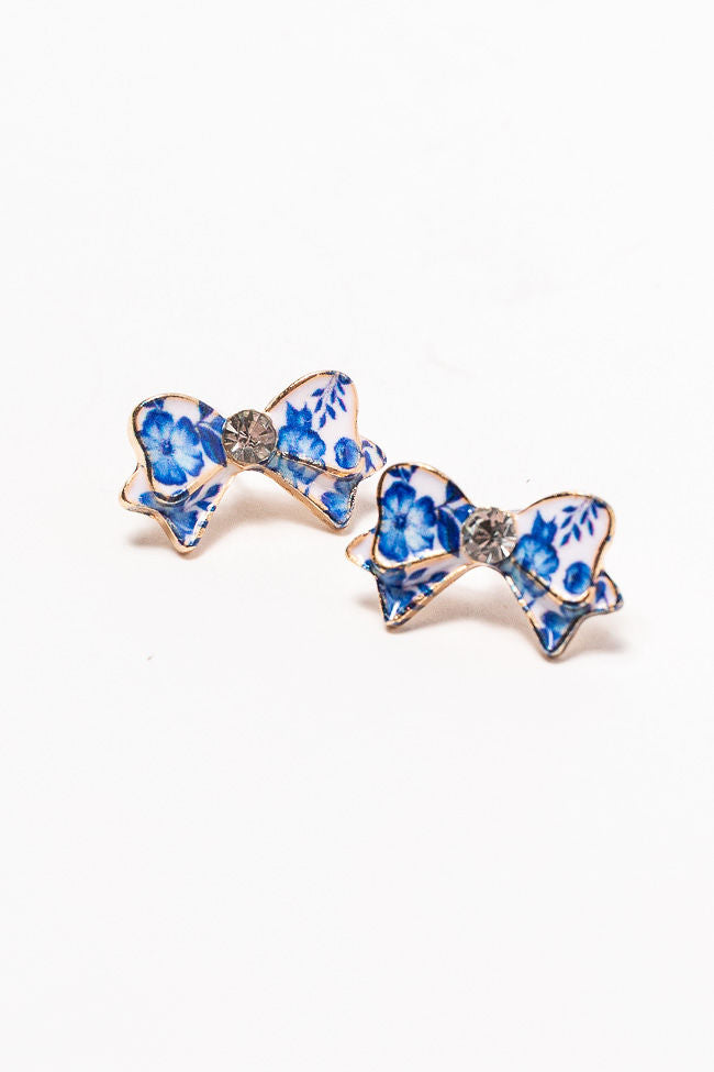 Blue Floral Printed Bow Earrings for Women - Elegant Dainty Stud Earrings for Daily Wear, Parties & Gifts | Hypoallergenic Fashion Jewelry