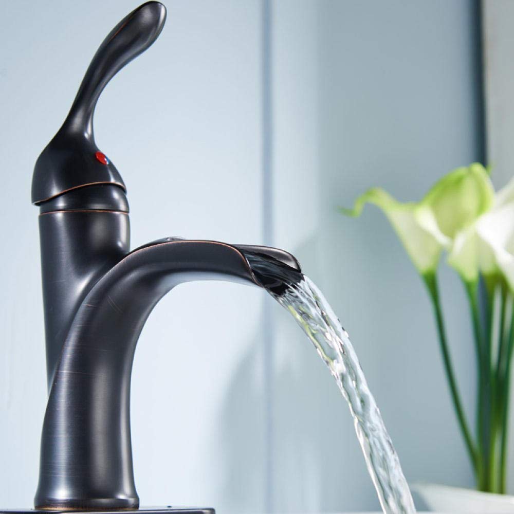 Gougeltd Single Handle Waterfall Bathroom Sink Faucet - Deck Mounted Brass Vanity Mixer Tap with Oil Rubbed Bronze Finish for Modern Bathroom & Powder Room Decor