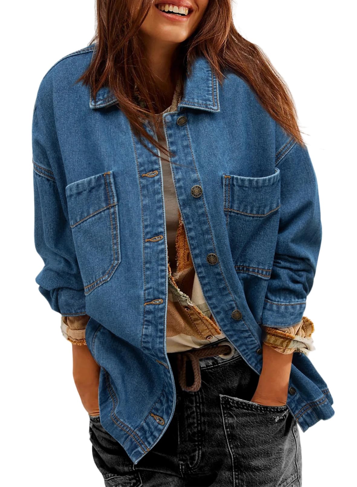 Sidefeel Women's Oversized Boyfriend Denim Jacket - Long Sleeve Button Up Jean Jacket with Split Hem | Casual Streetwear, Spring/Fall Layering Essential for Women's Fashion