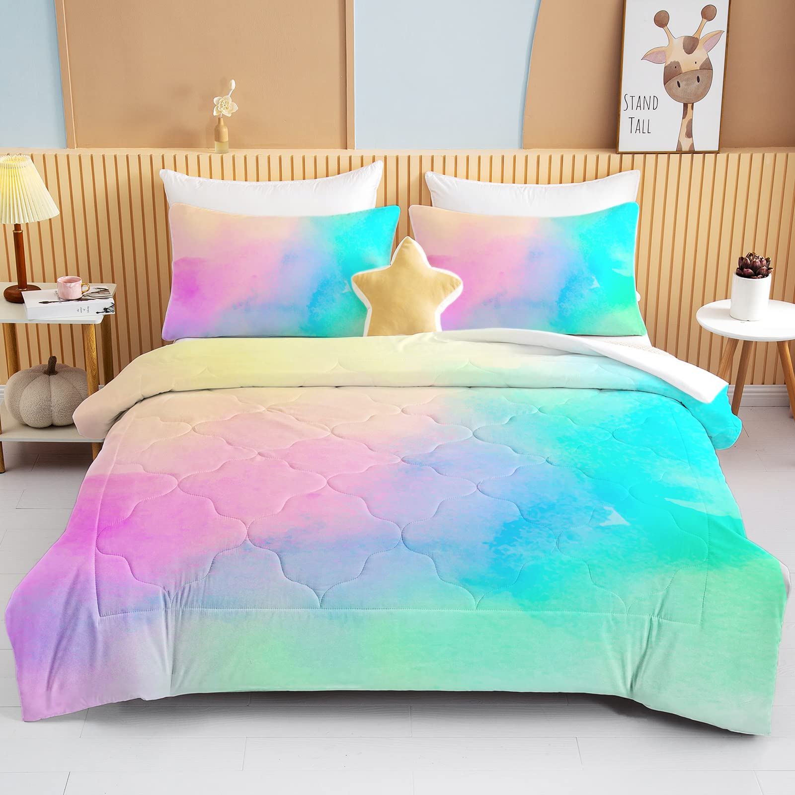 Vibrant Tie Dye Comforter Set for Girls - Rainbow Yellow Purple Green Colorful 3-Piece Bedding with 2 Pillow Shams | Soft & Cozy Full Size Duvet Cover | Teen Bedroom, Dorm Room & Boho Chic Decor | Sleepovers, Birthday Gifts & Home Decor | Perfect for Kids Room Makeover, Cozy Movie Nights & Relaxing Evenings | Machine Washable & Hypoallergenic