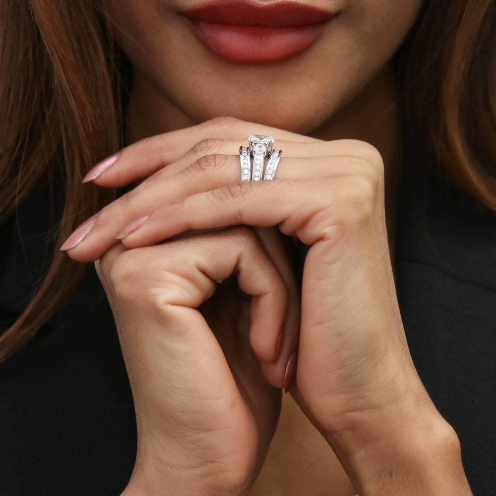BERRICLE Sterling Silver 3-Stone Oval Cut Cubic Zirconia Engagement Ring Set for Women - 1.2 Carat CZ Wedding Band, Rhodium Plated Size 4-10 - Perfect for Proposals, Anniversaries & Bridal Jewelry