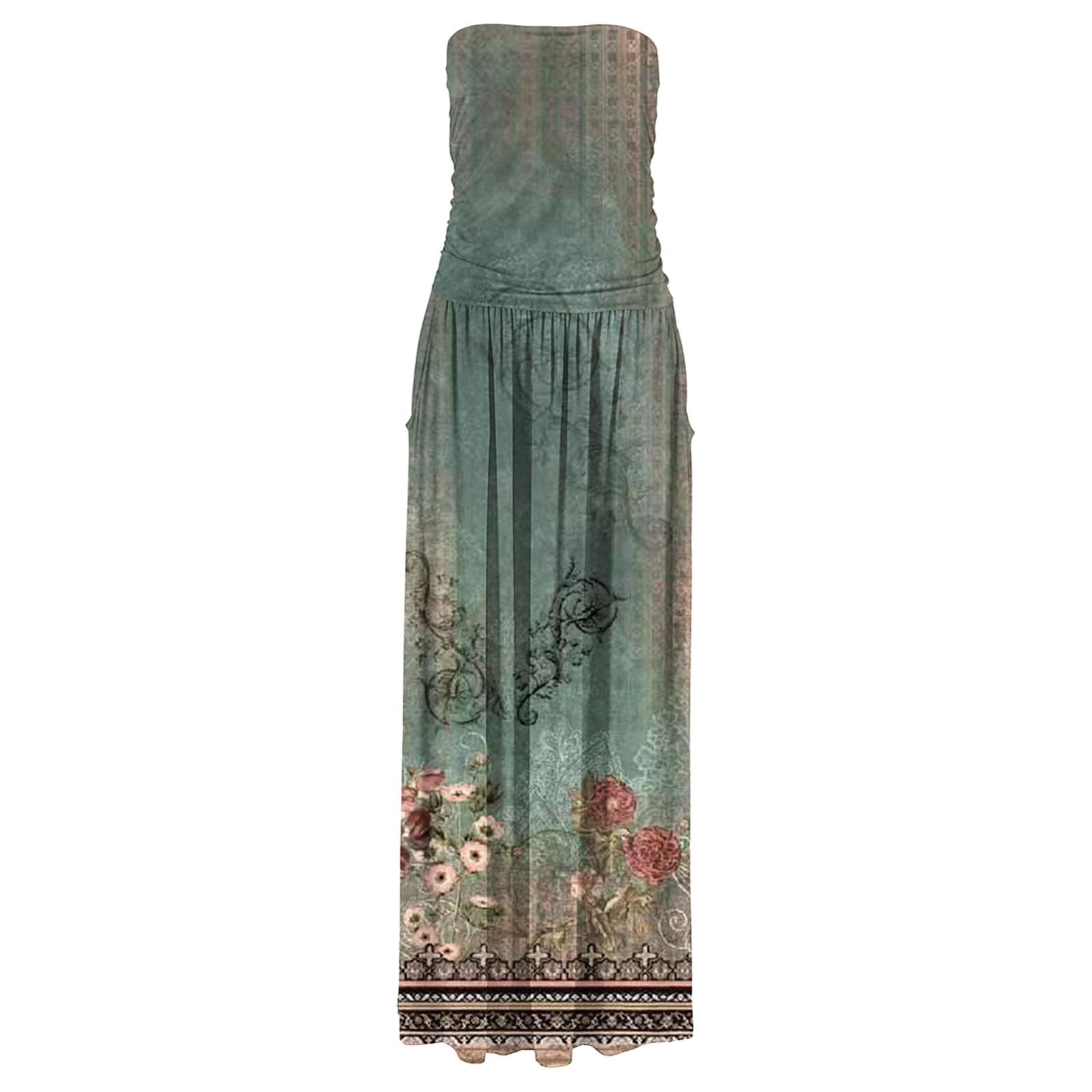 Strapless Floral Bodycon Maxi Dress for Women - Summer Boho Sundress with Pockets | Beach & Party Wear