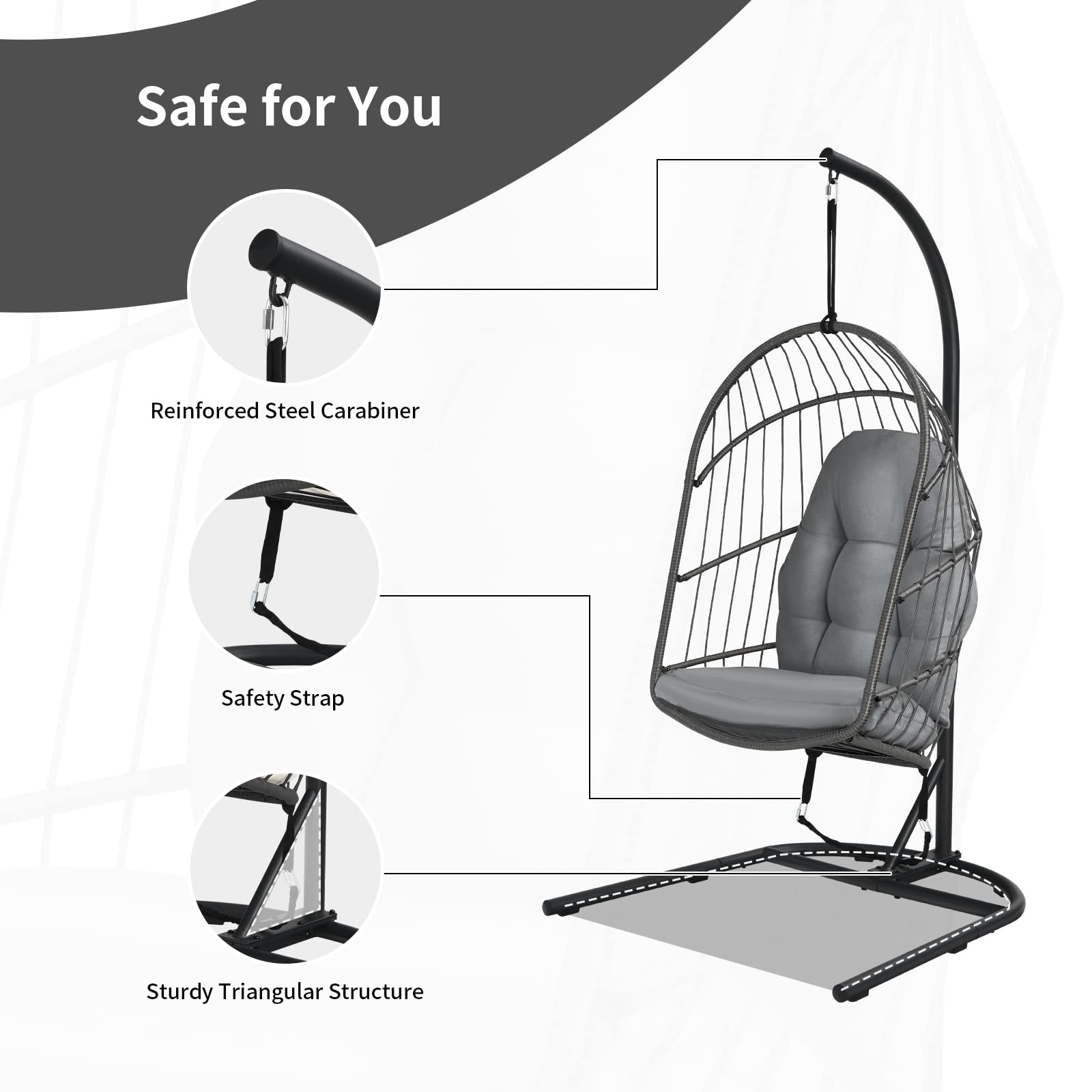 Giantex Foldable Hanging Egg Chair with Stand - Indoor/Outdoor Rattan Swing Chair with Cushions & C-Shaped Hammock Stand - Perfect for Bedroom, Balcony, Patio & Backyard Relaxation (Grey)