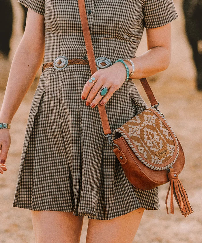 Wrangler Aztec Print Mini Crossbody Purse for Women - Stylish Boho Handbag with Adjustable Strap - Perfect for Travel, Shopping & Everyday Use