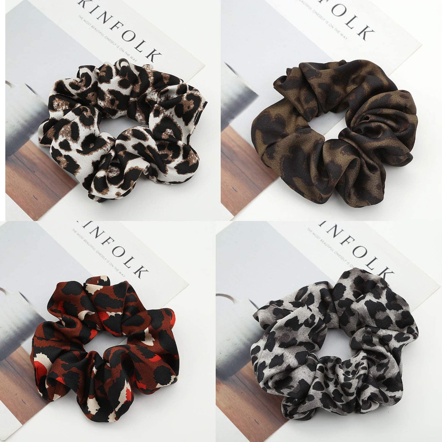 ALIBA COLLECTION 5-Pack Large Fashion Hair Scrunchies - Soft Chiffon Leopard Print Ponytail Holders, Elastic Hair Ties for Women & Girls (Multi-Design) - Perfect for Workouts, Office, Parties & Everyday Use