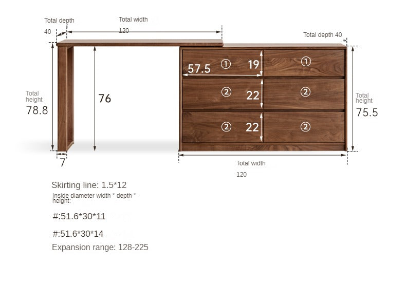 Premium Black Walnut Solid Wood Extendable Vanity Dressing Table with Mirror - Perfect for Bedroom, Bathroom & Makeup Organization