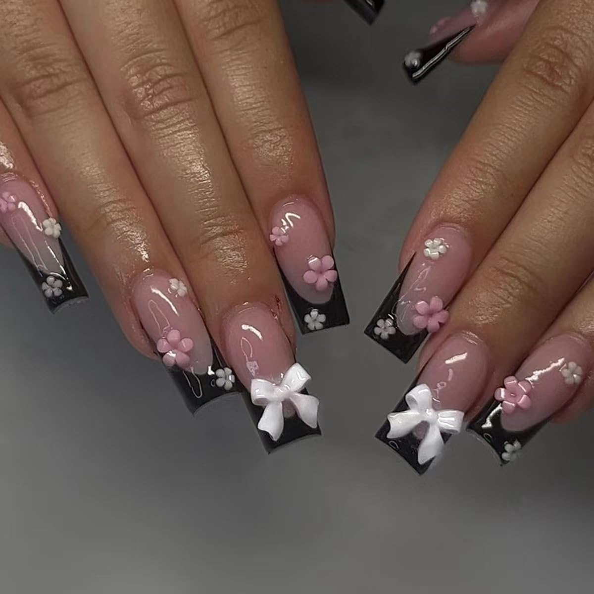 Black French Tip Press on Nails - Medium Long Square Fake Nails with 3D Pink Flower Design | Glossy Reusable Artificial Nails Kit for Women (24Pcs) | Perfect for Parties, Weddings, Date Nights & Special Occasions