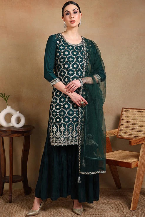 Elegant Green Silk Blend Kurta Sharara with Dupatta - Diwali & Festive Ethnic Wear for Women - Perfect for Weddings, Parties & Cultural Celebrations