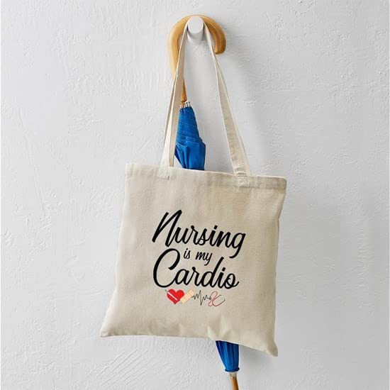 Nursing Is My Cardio Tote Bag - Natural Canvas Reusable Shopping Bag for Nurses, Medical Professionals & Students - Perfect for Work, School & Groceries