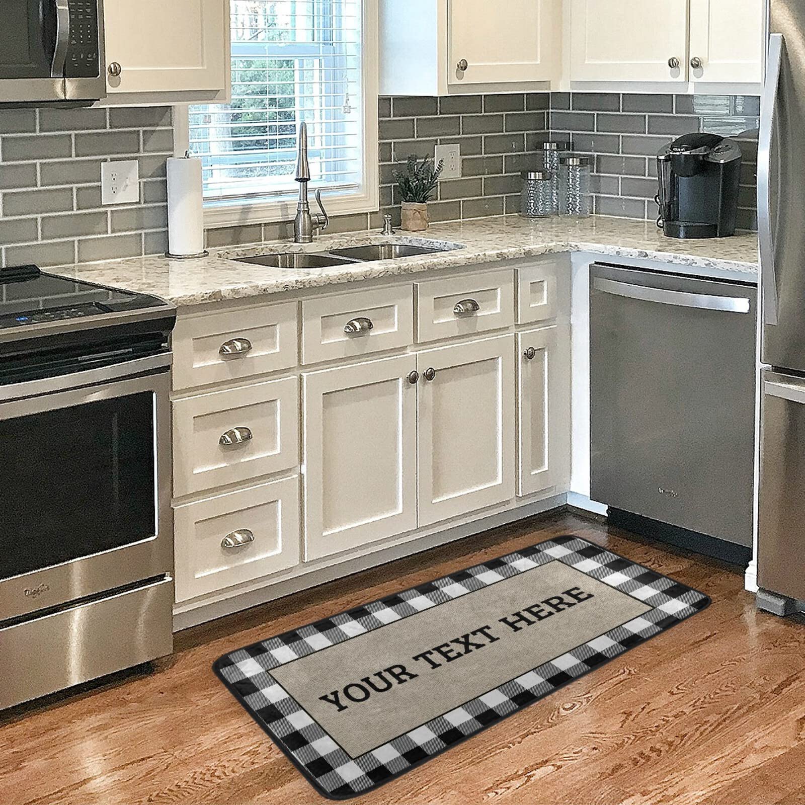 Custom White Buffalo Plaid Kitchen Rugs - Non-Slip Farmhouse Floor Mats, Cushioned & Washable Anti-Fatigue Mats for Kitchen, Laundry & Sink Areas - Personalized Home Decor (39x20 Inches) - Perfect for Farmhouse Style Kitchens, Cozy Laundry Rooms & Comfortable Standing Spaces