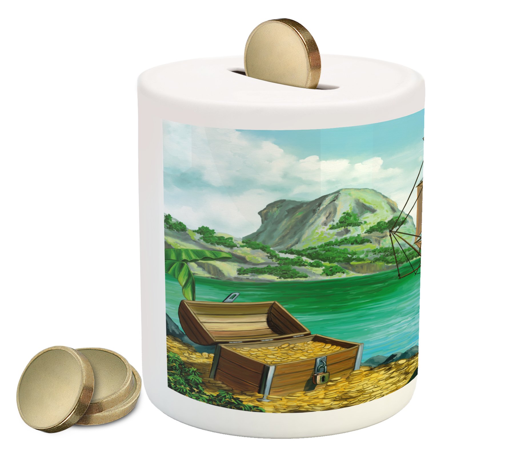 Lunarable Pirate Piggy Bank - Printed Ceramic Coin Bank with Exotic Seacoast & Treasure Chest Design, Colorful Money Box for Cash Savings | Perfect Gift for Kids, Pirates Fans & Home Decor