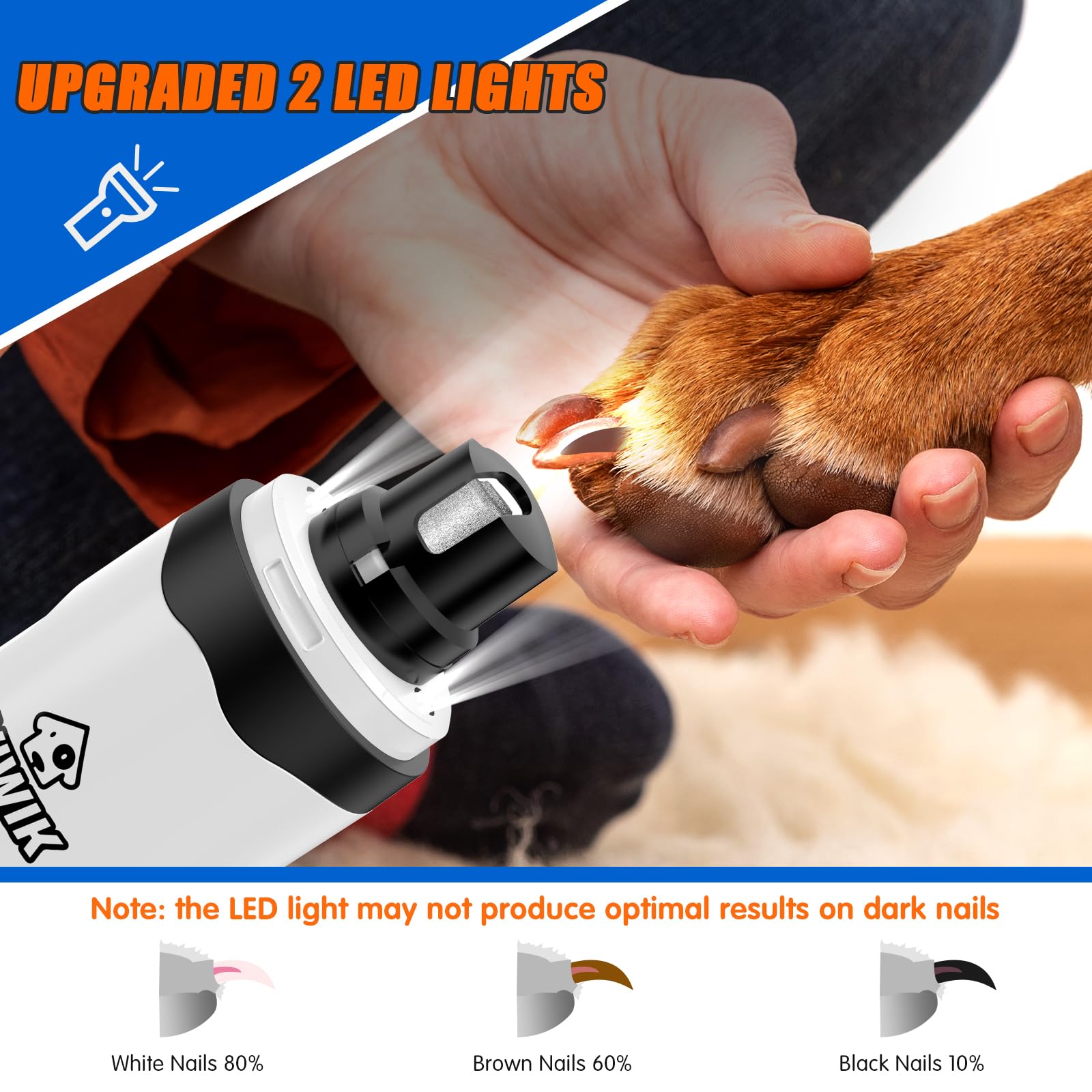 VIWIK Electric Dog Nail Grinder - 2-Speed USB Rechargeable Pet Nail Trimmer with Light for Small, Medium & Large Dogs & Cats | Quiet & Safe Nail Clippers Kit | Perfect Gifts for Dog Lovers | At-Home Grooming & Professional Pet Care