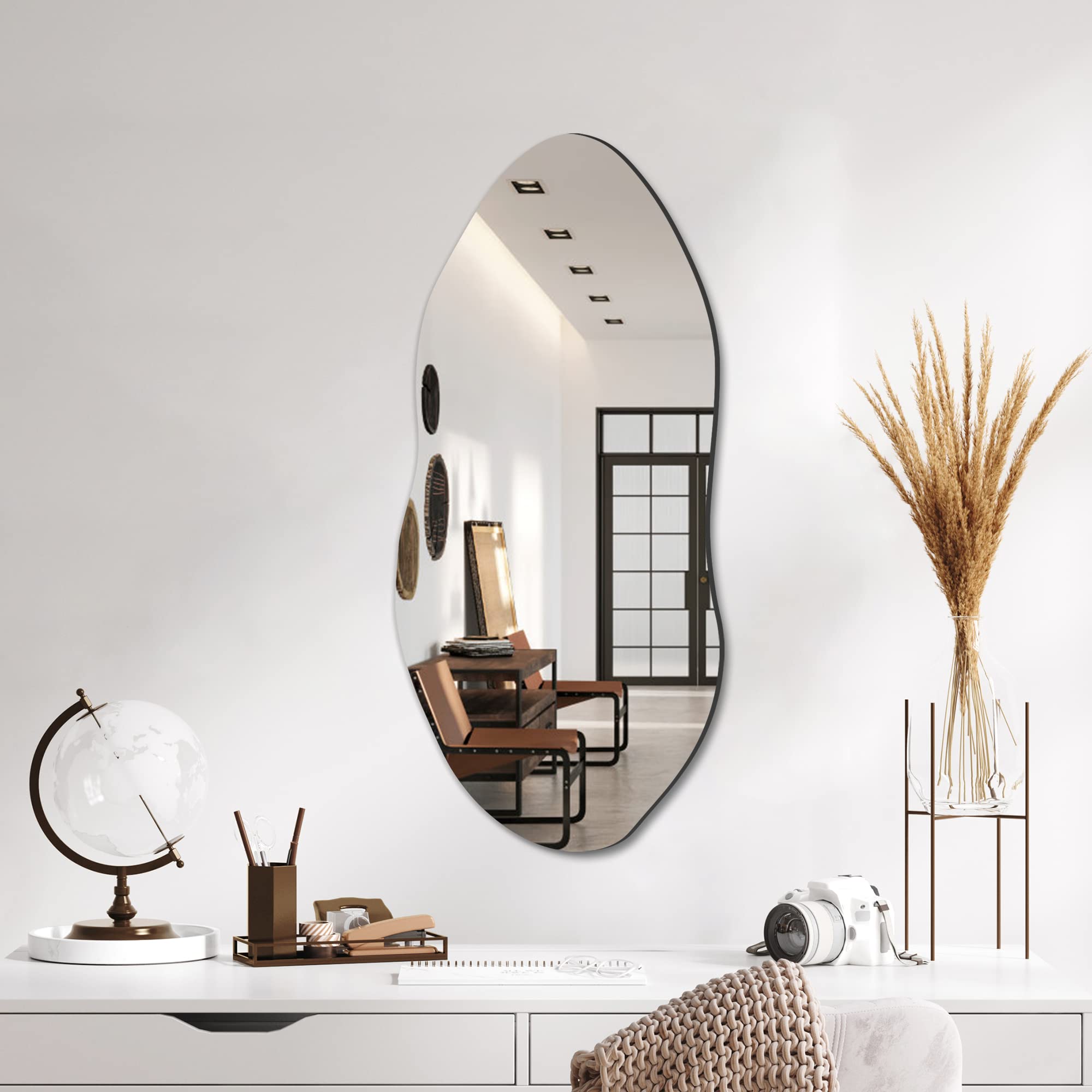 Delma Irregular Cloud-Shaped Wall Mirror - Modern Asymmetrical Frameless Design for Entryway, Bedroom & Living Room Decor | Unique Aesthetic Mirror with Hanging Hooks for Boho, Farmhouse & Contemporary Home Styles