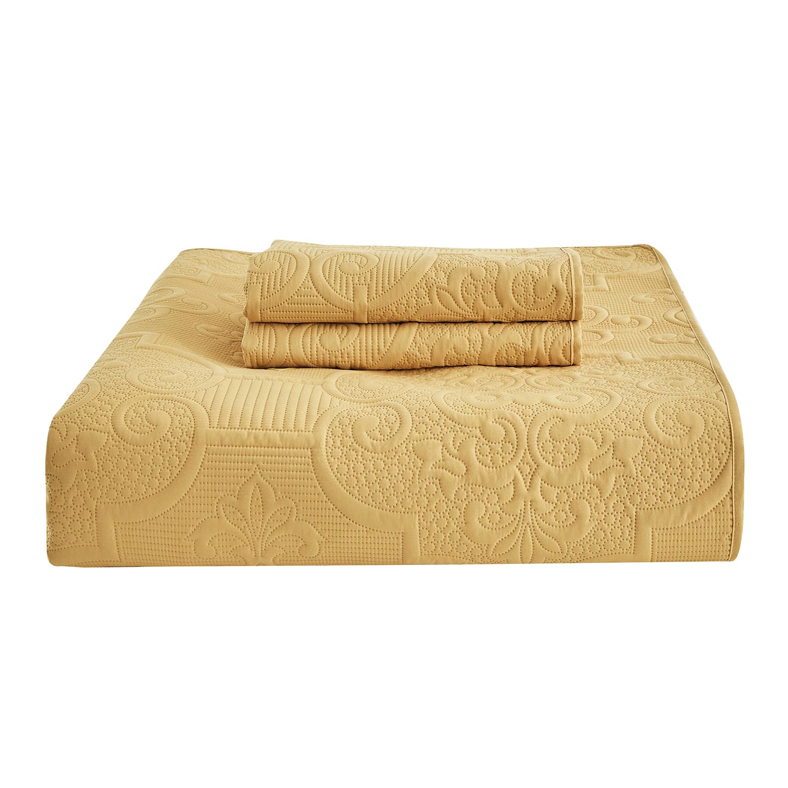 CHIXIN Twin Size Quilt Set - Honey Gold Damask Paisley Bedspread Coverlet with Ultrasonic Quilting | Reversible Lightweight 4-Piece Bedding | Perfect for Guest Rooms, Dorm Decor & Cozy Bedroom Makeovers