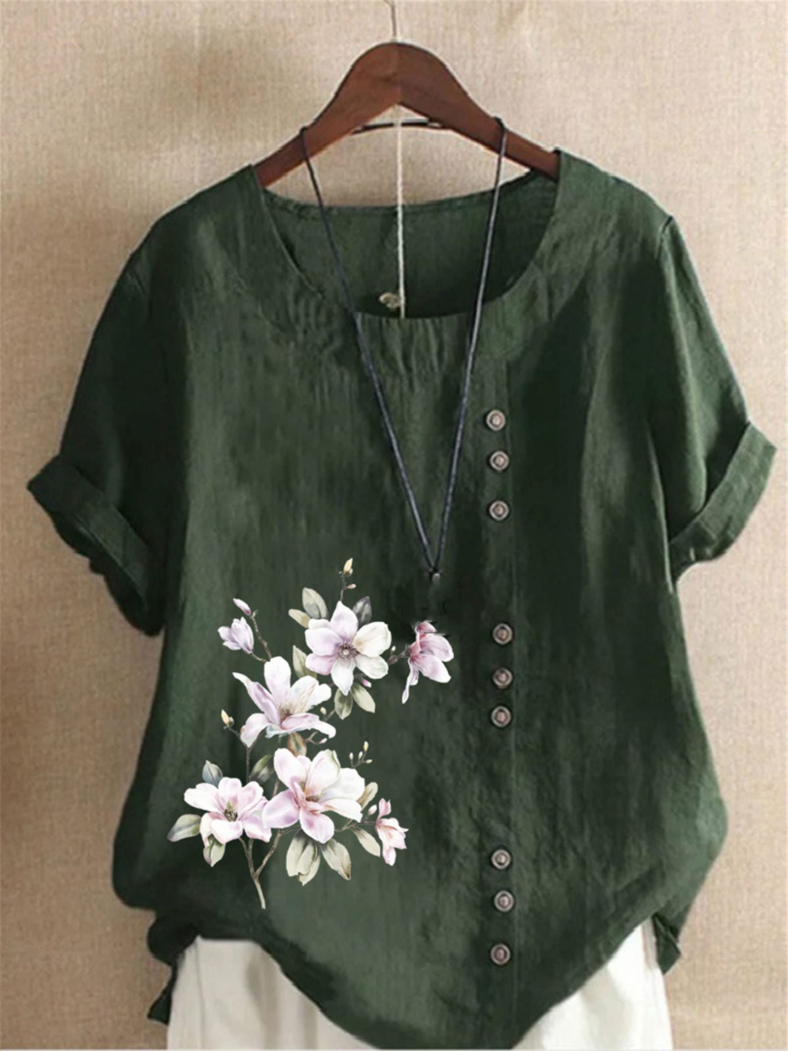 Women's Floral Print Linen T-Shirt - Breathable Summer Short Sleeve Loose Fit Casual Top (White) | Perfect for Beach Outings, Weekend Brunch & Vacation Wear