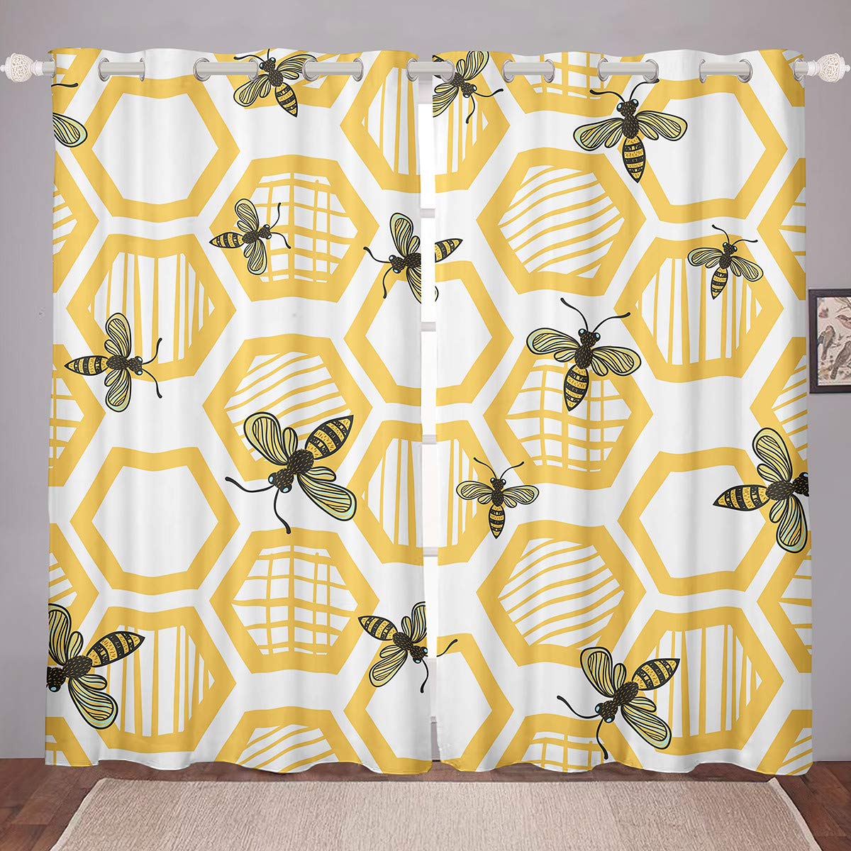 Castle Fairy Bees Animal Print Window Curtains - Geometric Hexagon Honeycomb Pattern Brushed Fabric, White Background with Yellow Design, 2 Panel Set (84W x 63L inches) - Perfect for Kids' Room, Nursery, Bedroom, and Living Room Decor