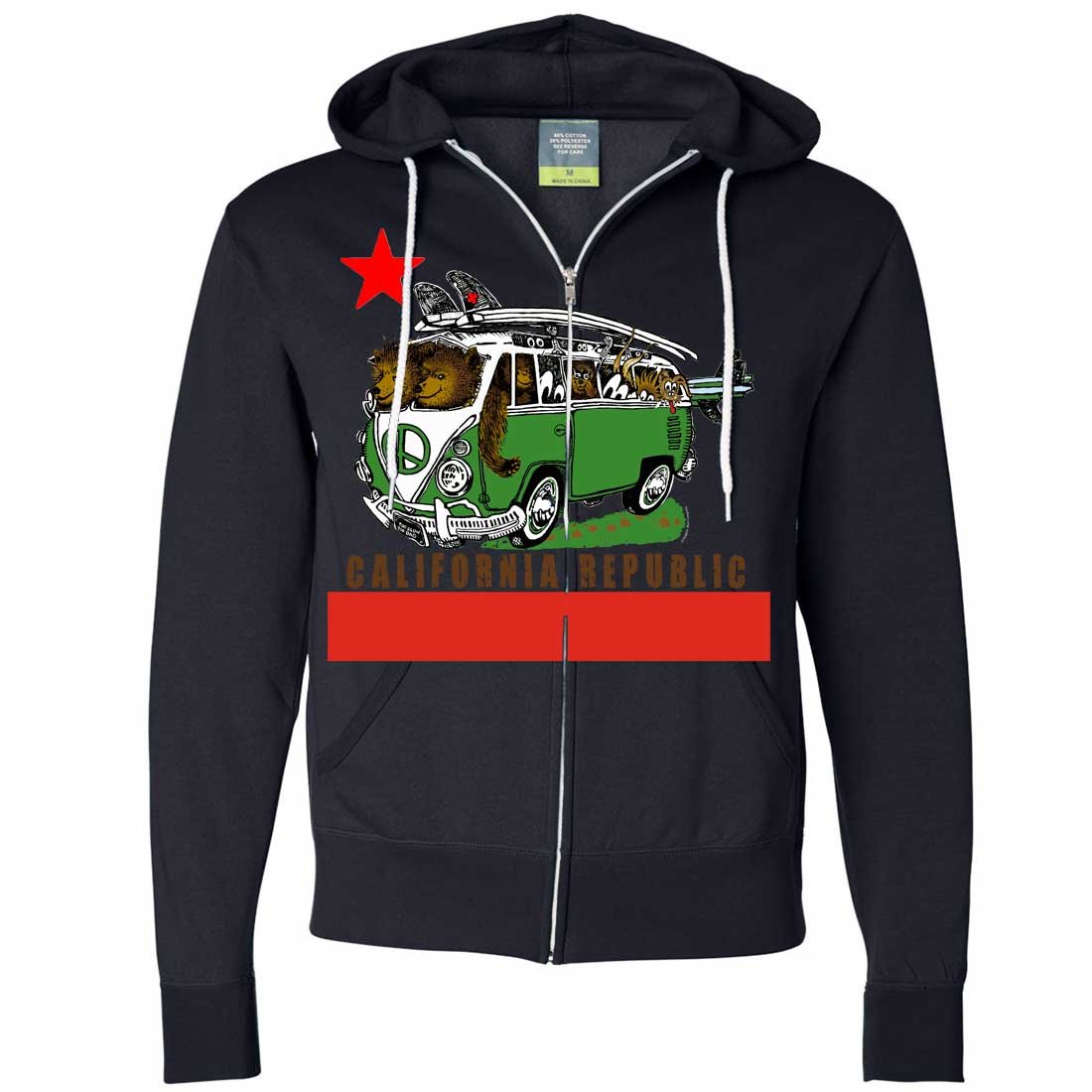 California Republic Bear Surf Bus Zip-Up Hoodie for Men & Women | Vintage Graphic Pullover | Casual Streetwear for Surfing, Skateboarding & Outdoor Activities
