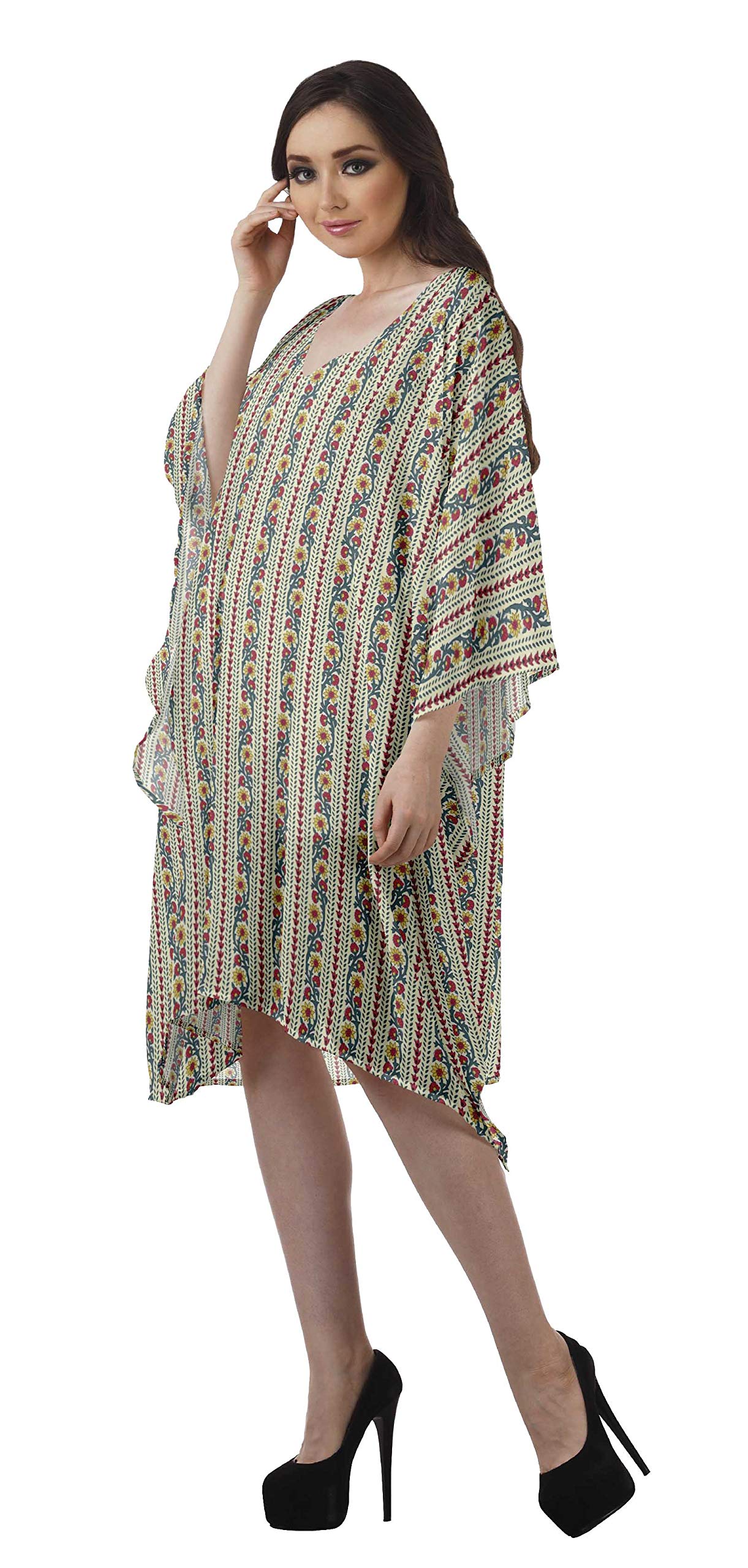 Moomaya Women's Georgette Short Beach Kaftan - Flowy Bikini Cover Up Dress with Side Slits | Perfect for Poolside, Vacation & Summer Outfits