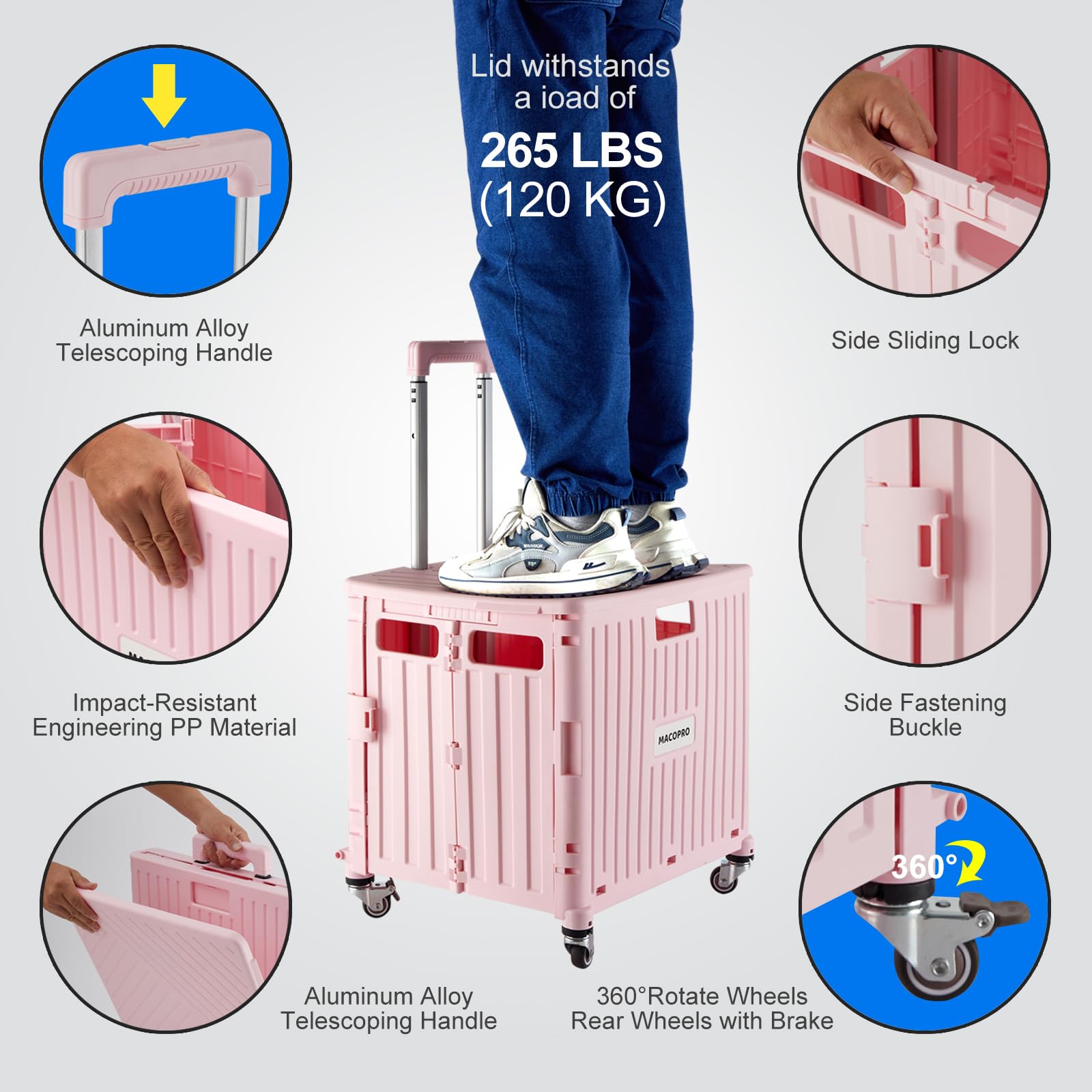 Foldable Utility Cart with Lid & 4 Rotating Wheels - Portable Rolling Handcart for Grocery Shopping, Office Supplies & Teacher Storage | Collapsible Trolley Basket for Home, School & Workplace (Pink)