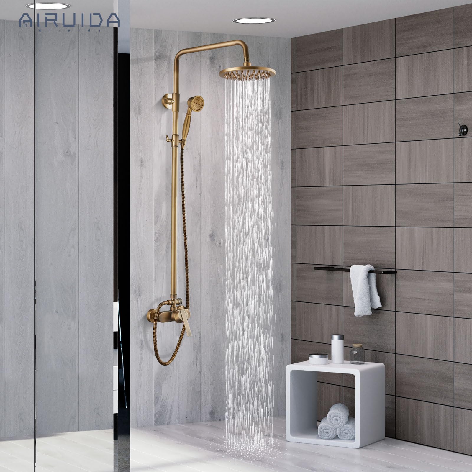 Antique Brass Exposed Pipe Shower System - 8 Inch Rainfall Shower Head with Single Handle Faucet | Adjustable Modern Dual Function Combo Set for Bathroom Remodeling & Spa-Like Shower Experience