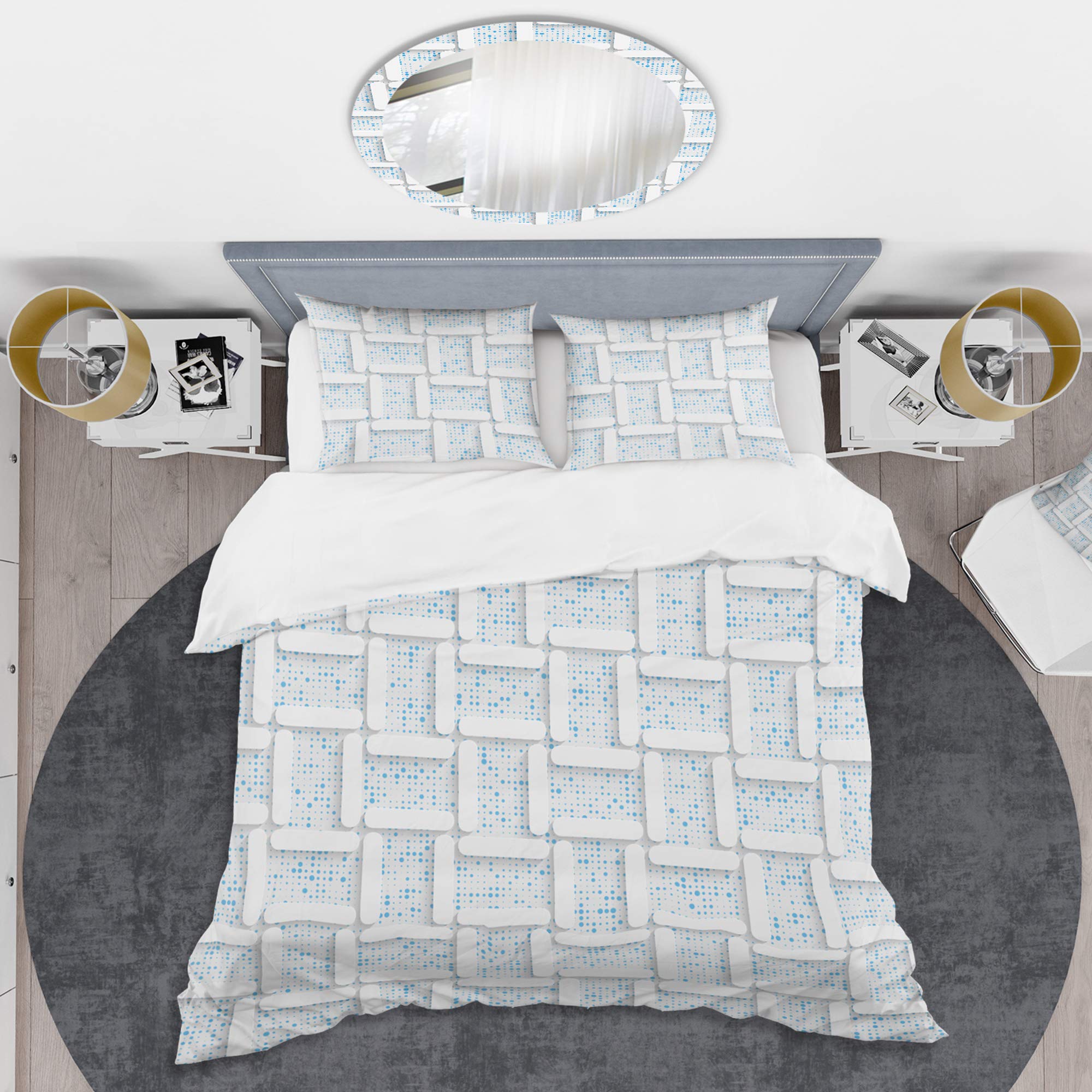 DesignQ 3D White and Light Blue Mid-Century Modern Duvet Cover Set - Queen Size 3-Piece Bedding Set | All Season Luxury Bedding for Master Bedroom & Guest Room Decor