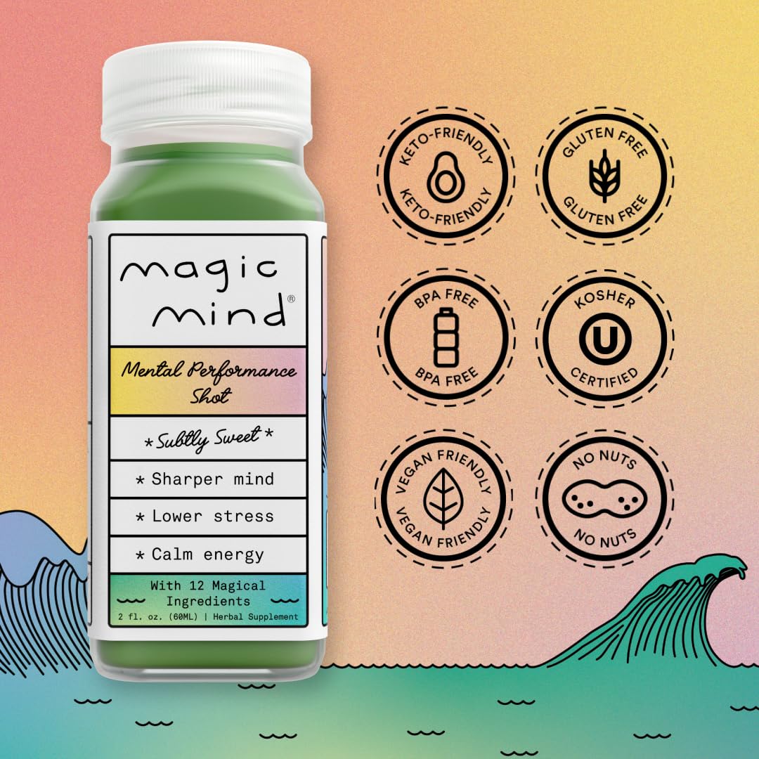 Magic Mind Energy and Focus Drink Shots - Stress Relief Supplement with Ashwagandha, Vitamin B12 & C, Matcha Green Tea, Functional Mushrooms - No Jitters, 2 Fl Oz (15 Pack) - Boost Productivity for Workouts, Study & Mental Clarity