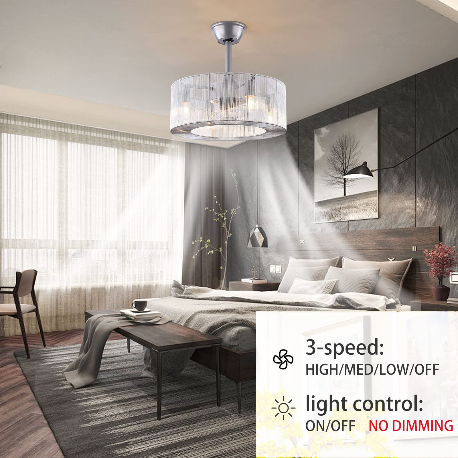 TFCFL 18 Inch Modern Bladeless Ceiling Fan with Remote Control - Low Profile Caged Design, 3 Speed Settings, E26x4 Bulb Base - Perfect for Bedroom, Dining Room & Living Room (Silver) | Energy Efficient Indoor Cooling & Stylish Lighting Solution
