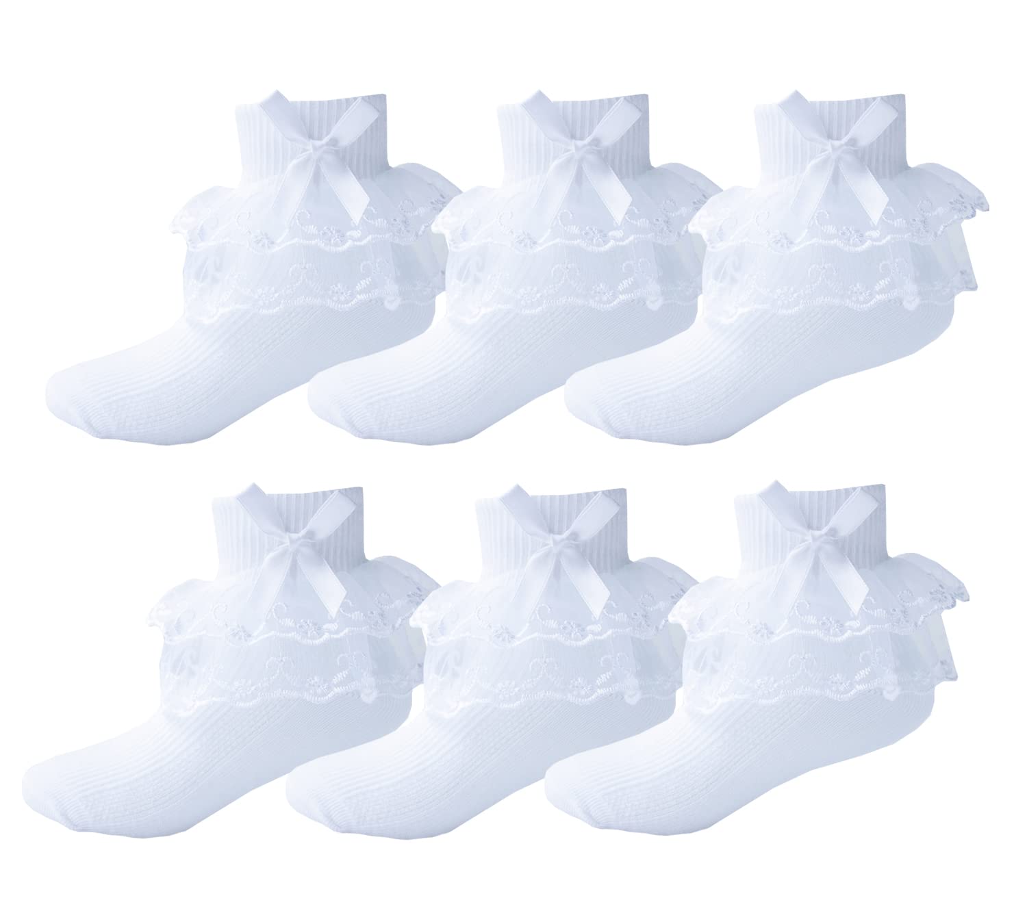 Deeorla Toddler Girls Double Ruffle Lace Socks - Soft Cotton Frilly Princess Dress Socks for Baby & Kids - Perfect for Parties, Weddings, and Special Occasions