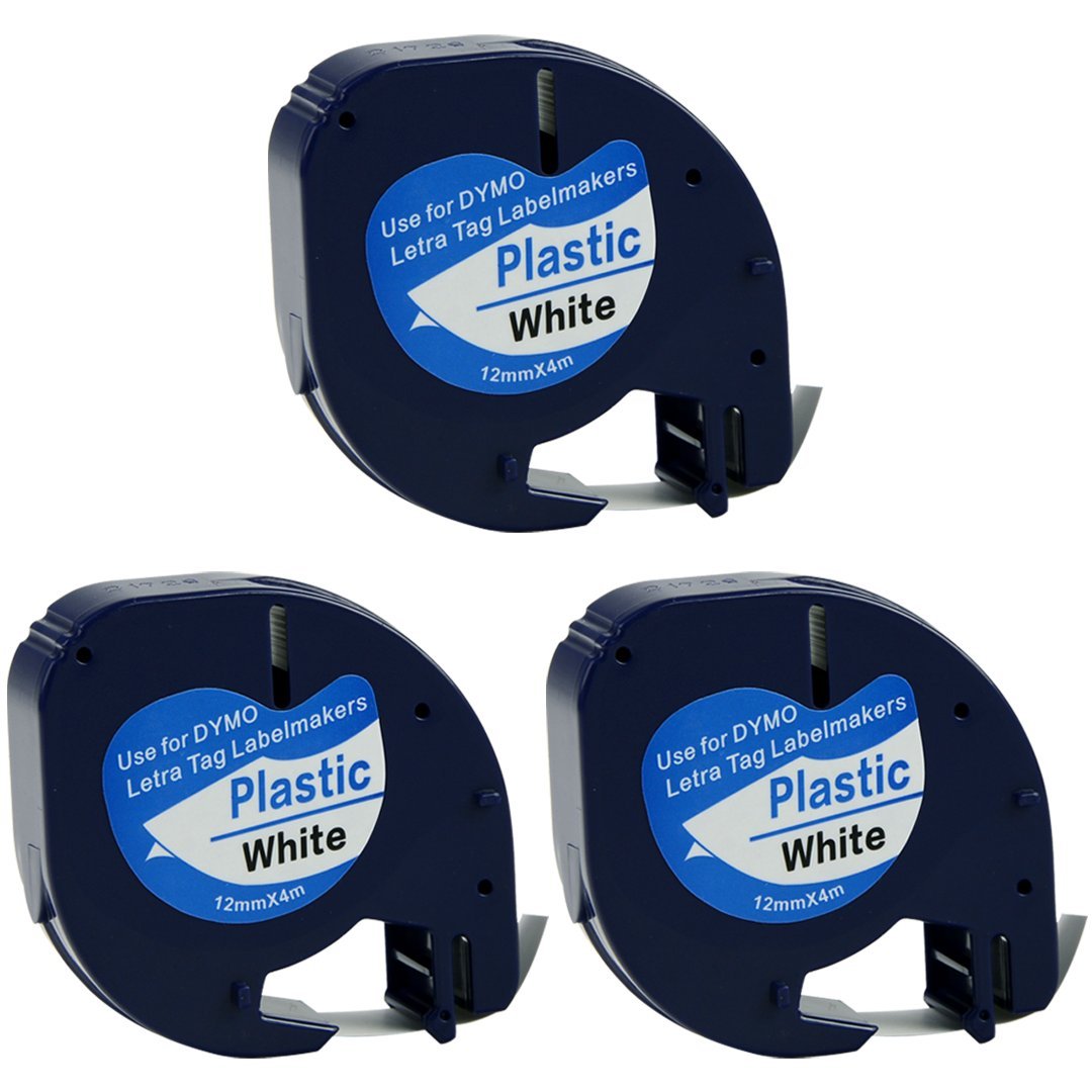 LaBold 12mm x 4m Black on White Label Maker Tape - 3 Pack Refill Compatible with DYMO Label Maker LT-100H, LT-100T & LetraTag (91331 Replacement) - Perfect for Office Organization, Shipping Labels & Home Storage
