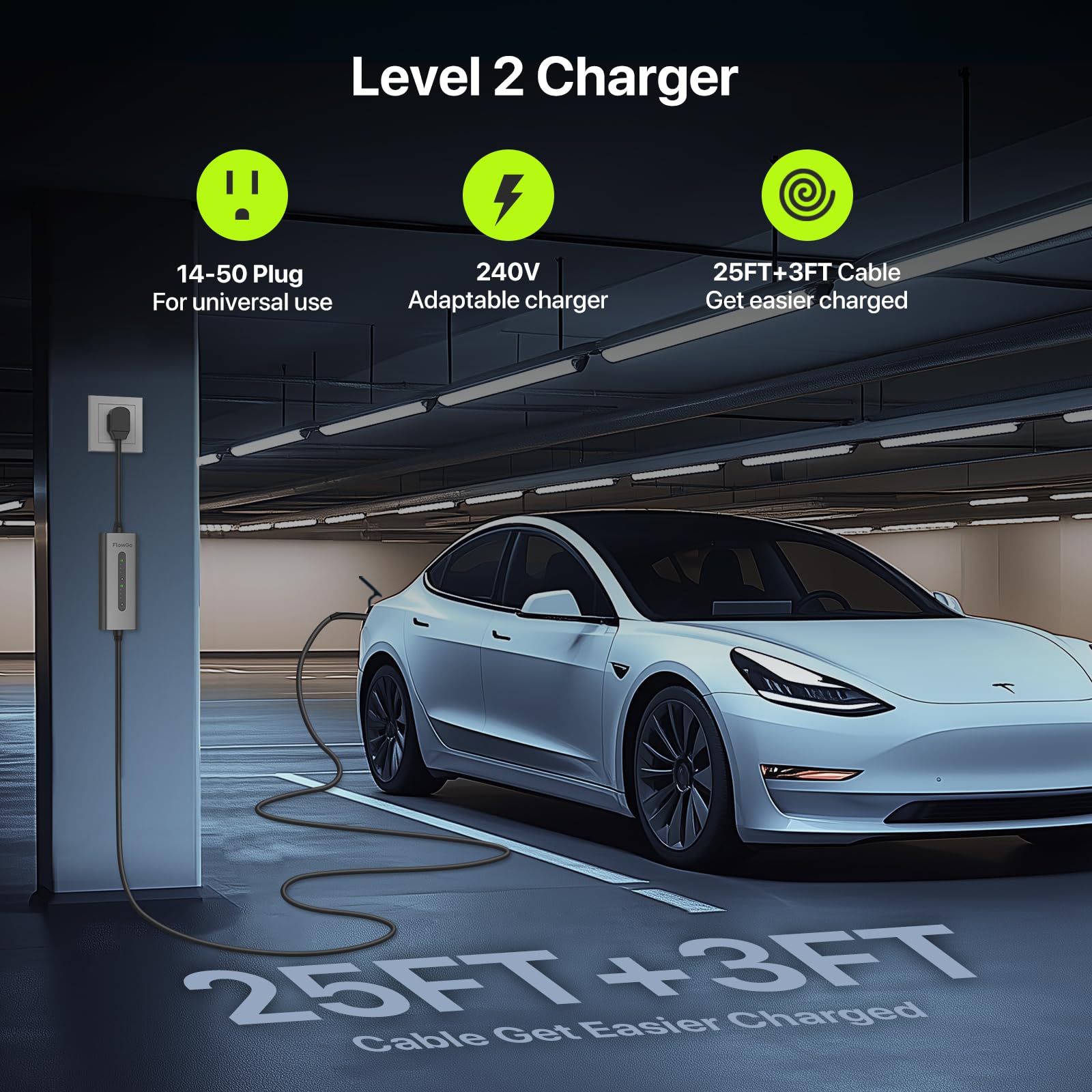 Tesla Level 2 EV Charger 40A 240V NACS with 14-50 Plug & 25FT Cable | 9.6KW Portable Charging Station | Adjustable 15-40A Current | Compatible with Model 3/S/Y/X | Home & Travel Electric Vehicle Charging Solution