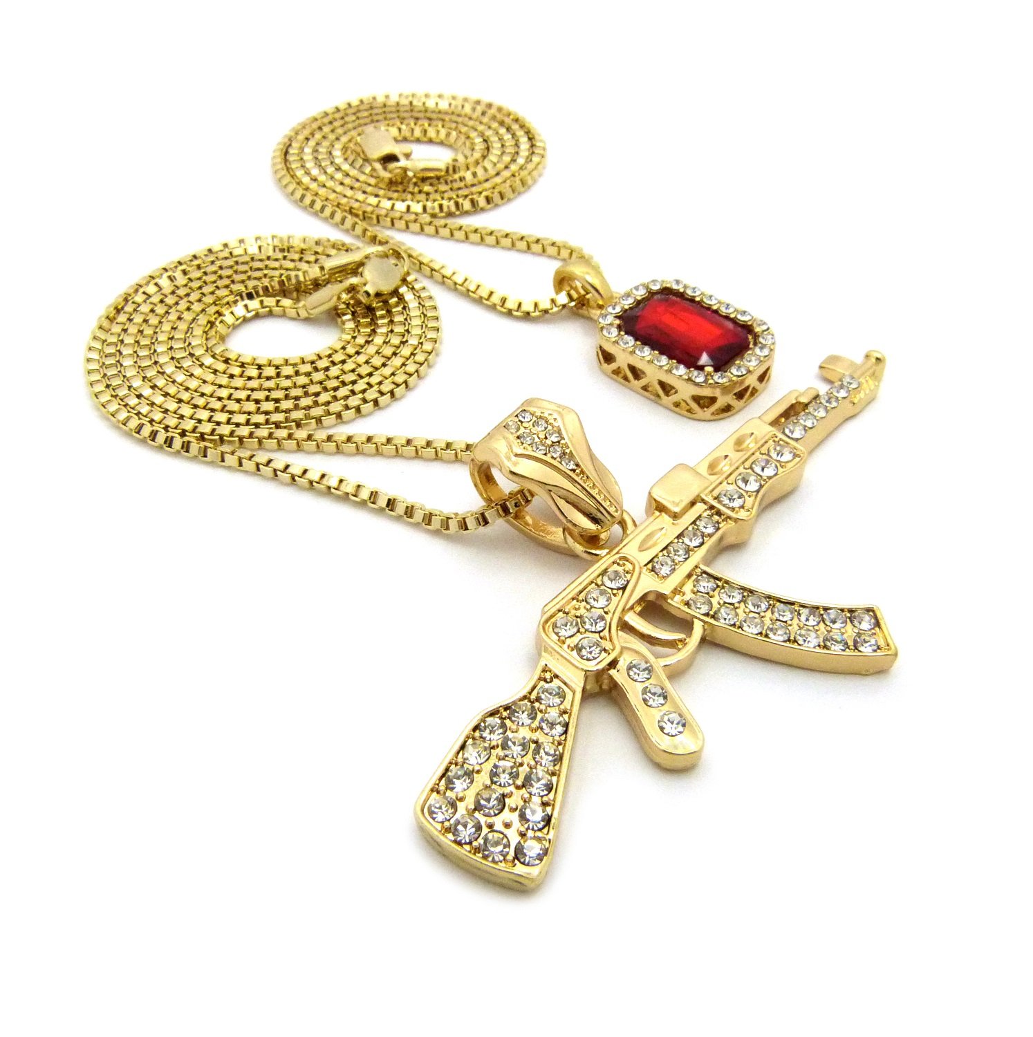 24K Gold Plated AK47 Machine Gun Pendant Necklace Set with Iced Out Gemstones - 24