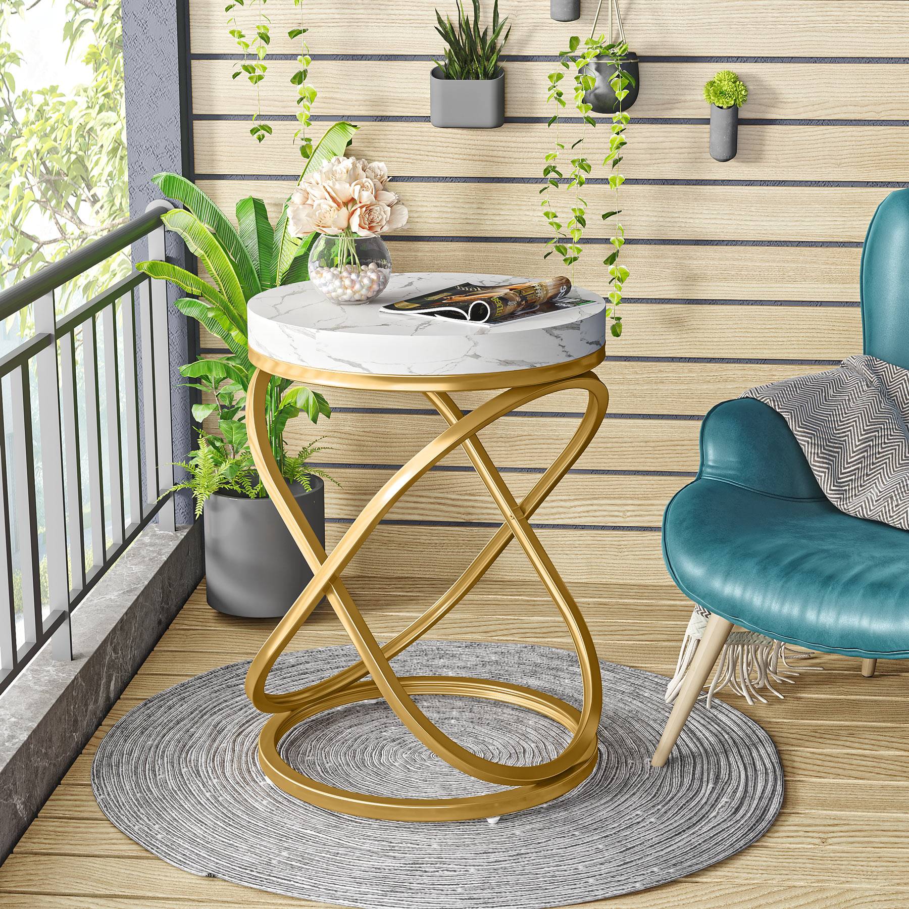 Round End Table - 26 Inch Tall Sofa Side Table with Faux Marble Top | Modern Living Room Furniture for Small Spaces, Bedroom Nightstand & Office Decor