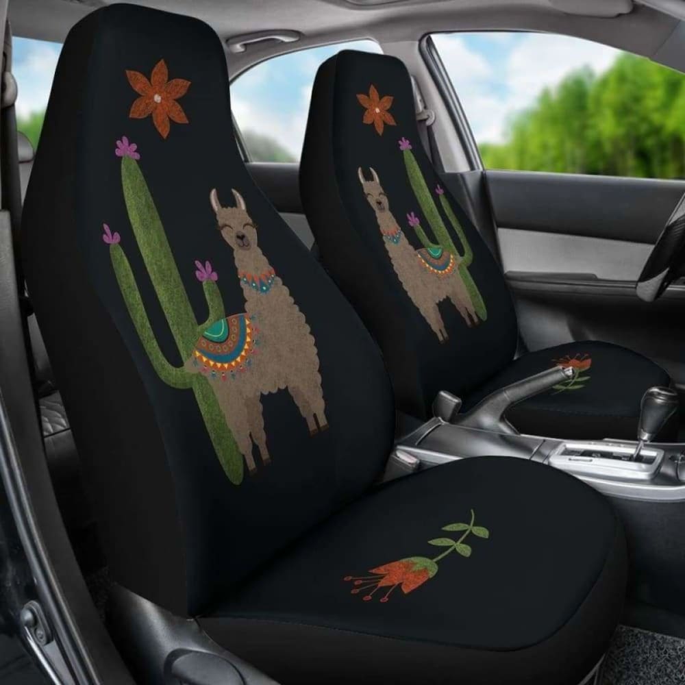 Brown Llama Car Seat Covers with Cactus & Flower Print - Soft Black Fabric for SUVs, Trucks & Sedans - Perfect for Road Trips & Daily Commutes
