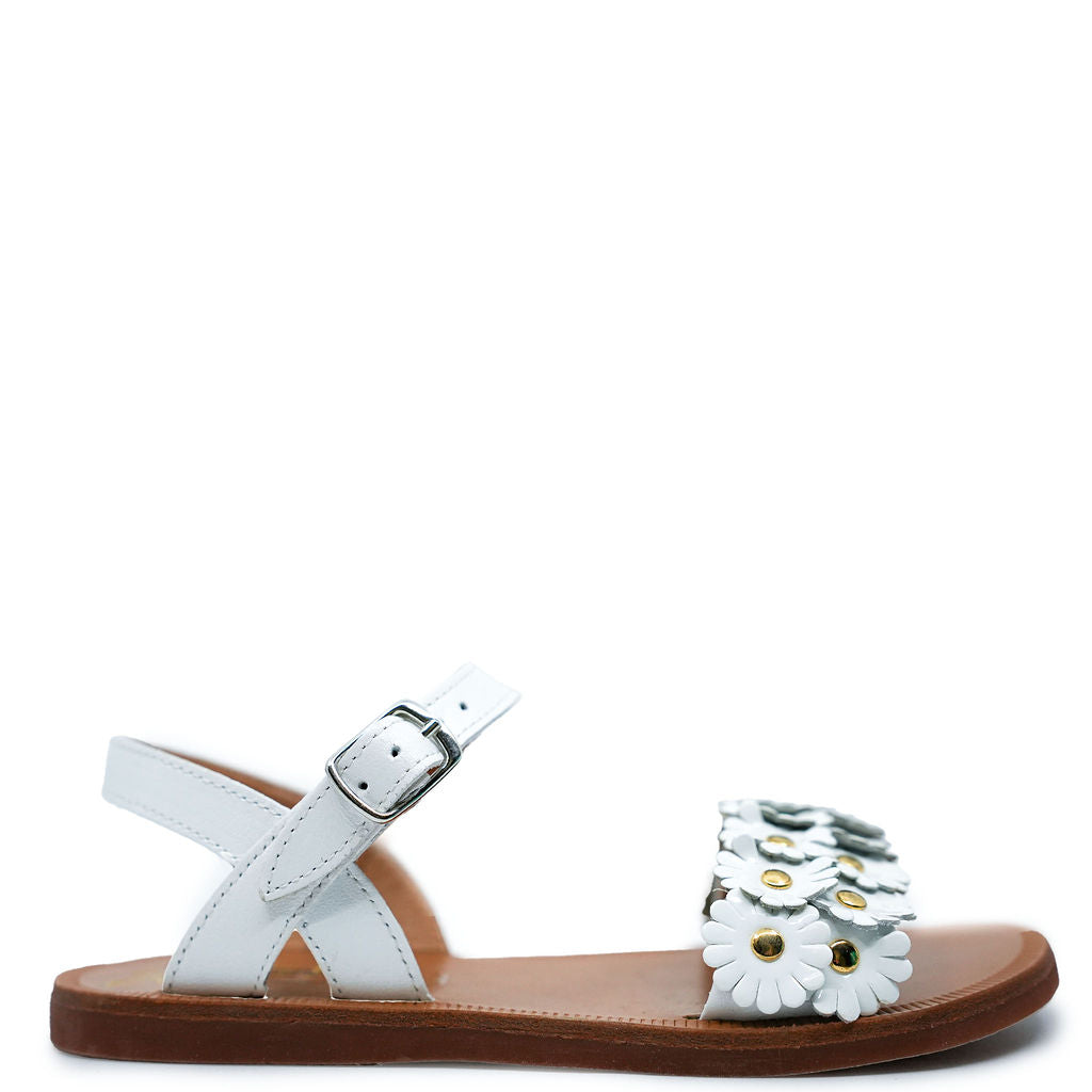 Pom D'Api White Sunflower Sandals for Girls - Comfortable Leather Summer Sandals with Adjustable Straps | Perfect for Beach, Vacation, and Casual Outings