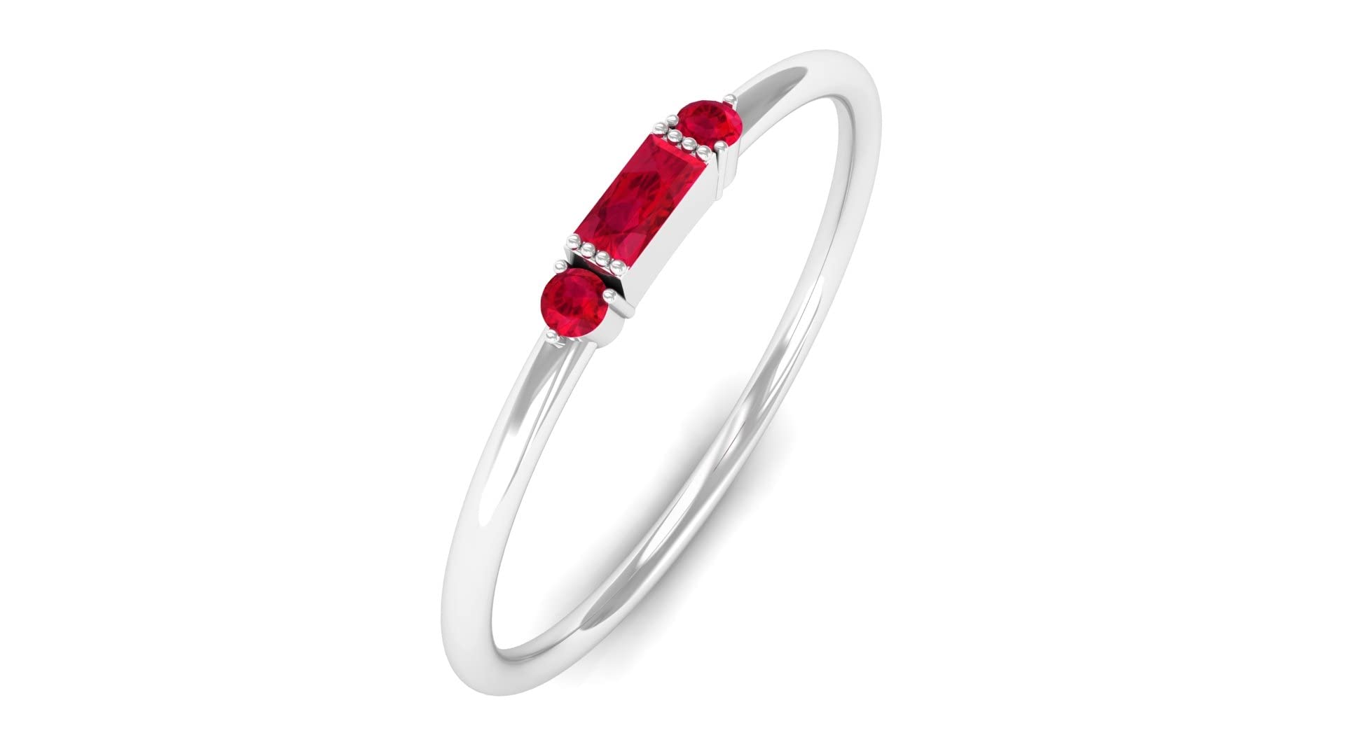 14K Solid Gold Created Ruby Minimal Ring for Women - Baguette & Round Cut Stackable Promise Ring - Elegant Jewelry for Engagement, Anniversary & Everyday Wear