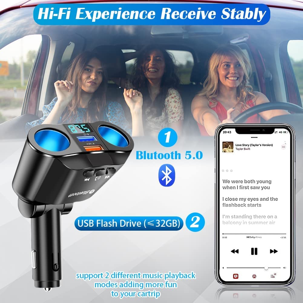 Bluetooth FM Transmitter for Car with Dual USB Charger - Power IQ 3.0 Fast Charging, Wireless Music Player & Hands-Free Calling Kit - Perfect for Road Trips & Commuting