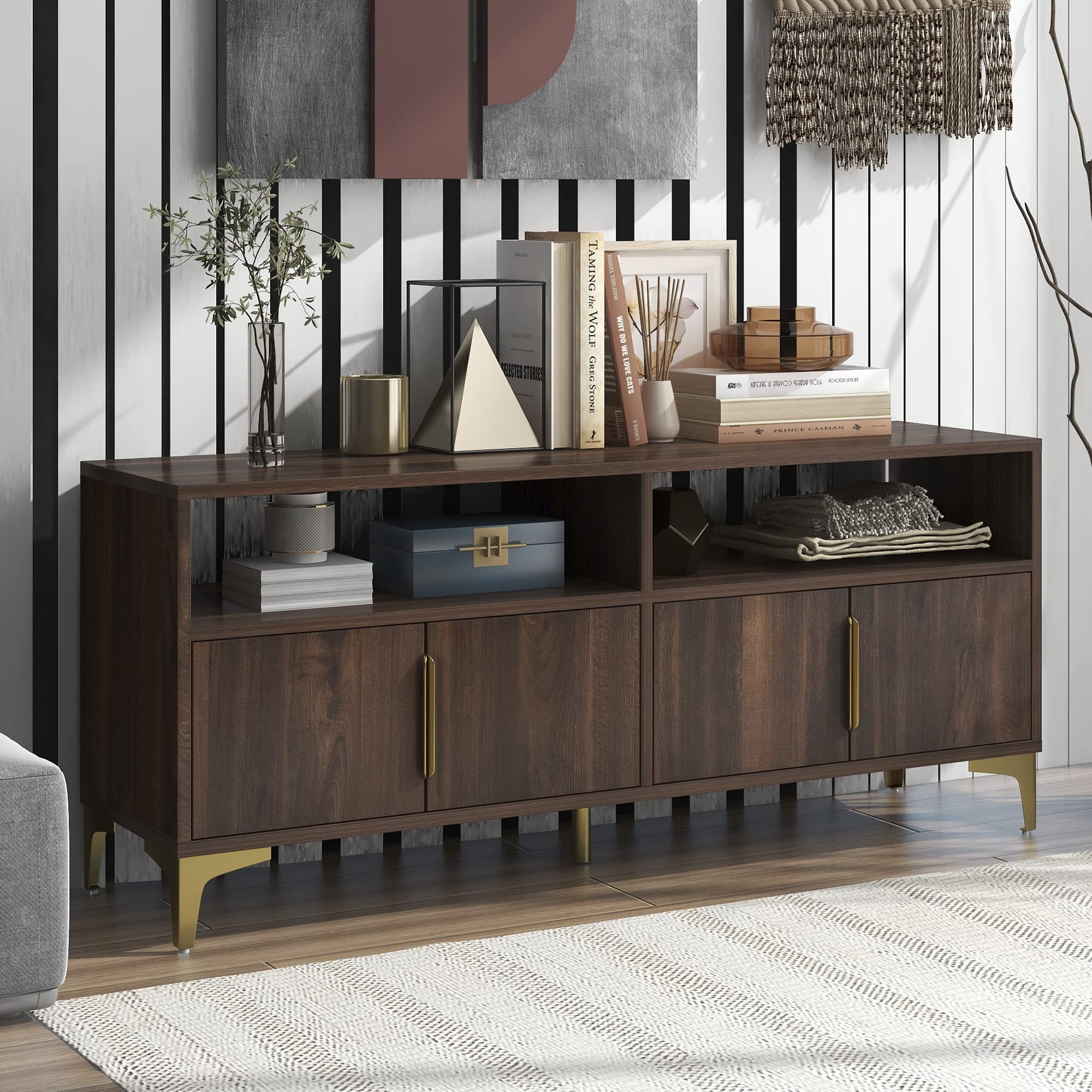 Modern Wooden Console Table with Magnetic Suction Doors - Kitchen Buffet Cabinet & Accent Sideboard Storage - Gold Metal Legs & Handles - Ample Space (Brown-L) - Perfect for Dining Room, Living Room, or Entryway Storage