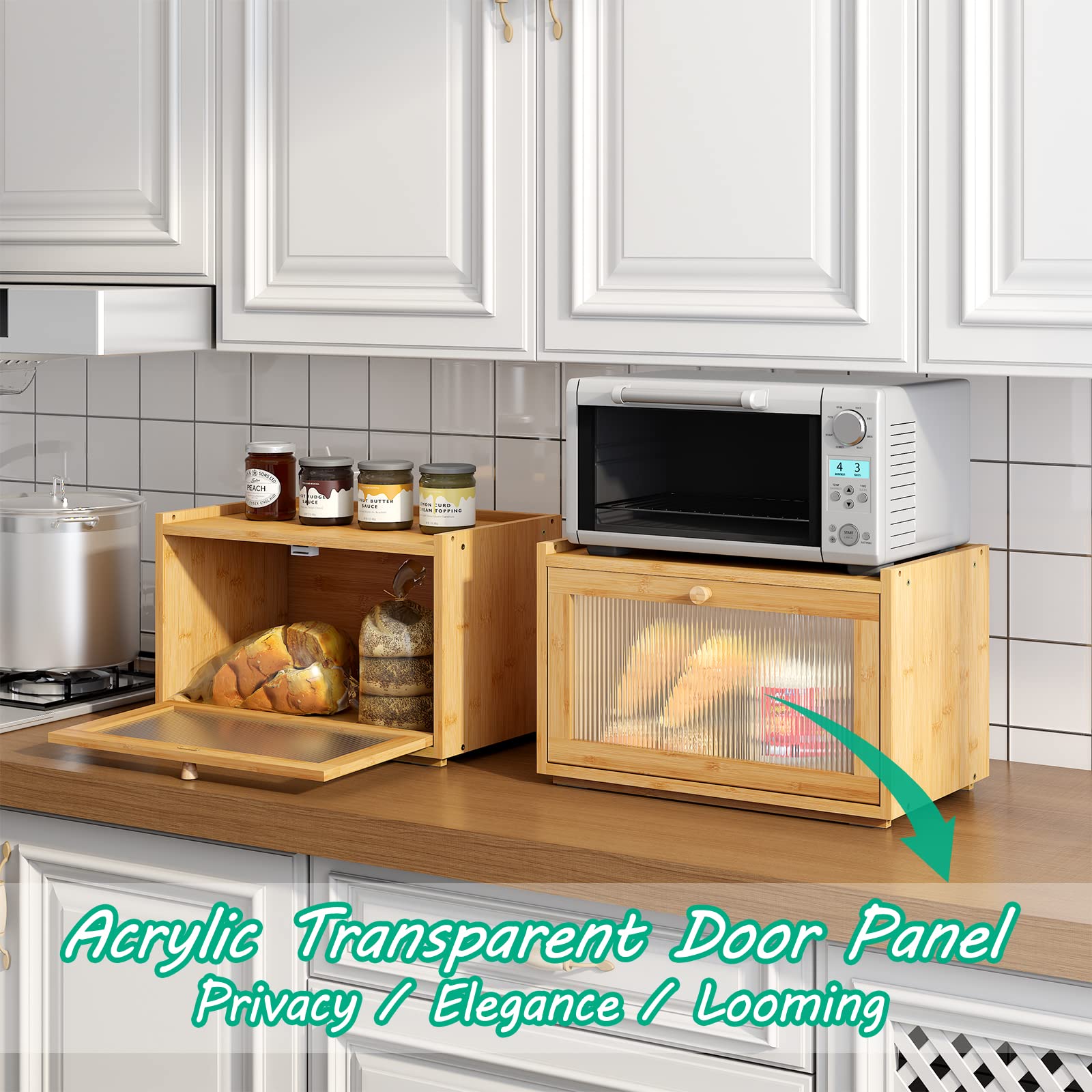 Large Bamboo Bread Box for Kitchen Counter - Farmhouse Style Bread Storage Container with Wavy Acrylic Transparent Door | Perfect for Storing Bread, Pastries & Baked Goods in Your Home Kitchen