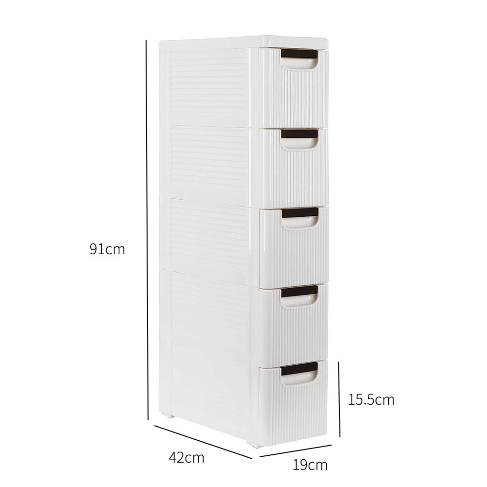 Narrow Slim Storage Cart with Wheels - 5-Tier Kitchen Cabinet Organizer, Small Plastic Shelf with Drawers for Bathroom & Fridge Side (7.5