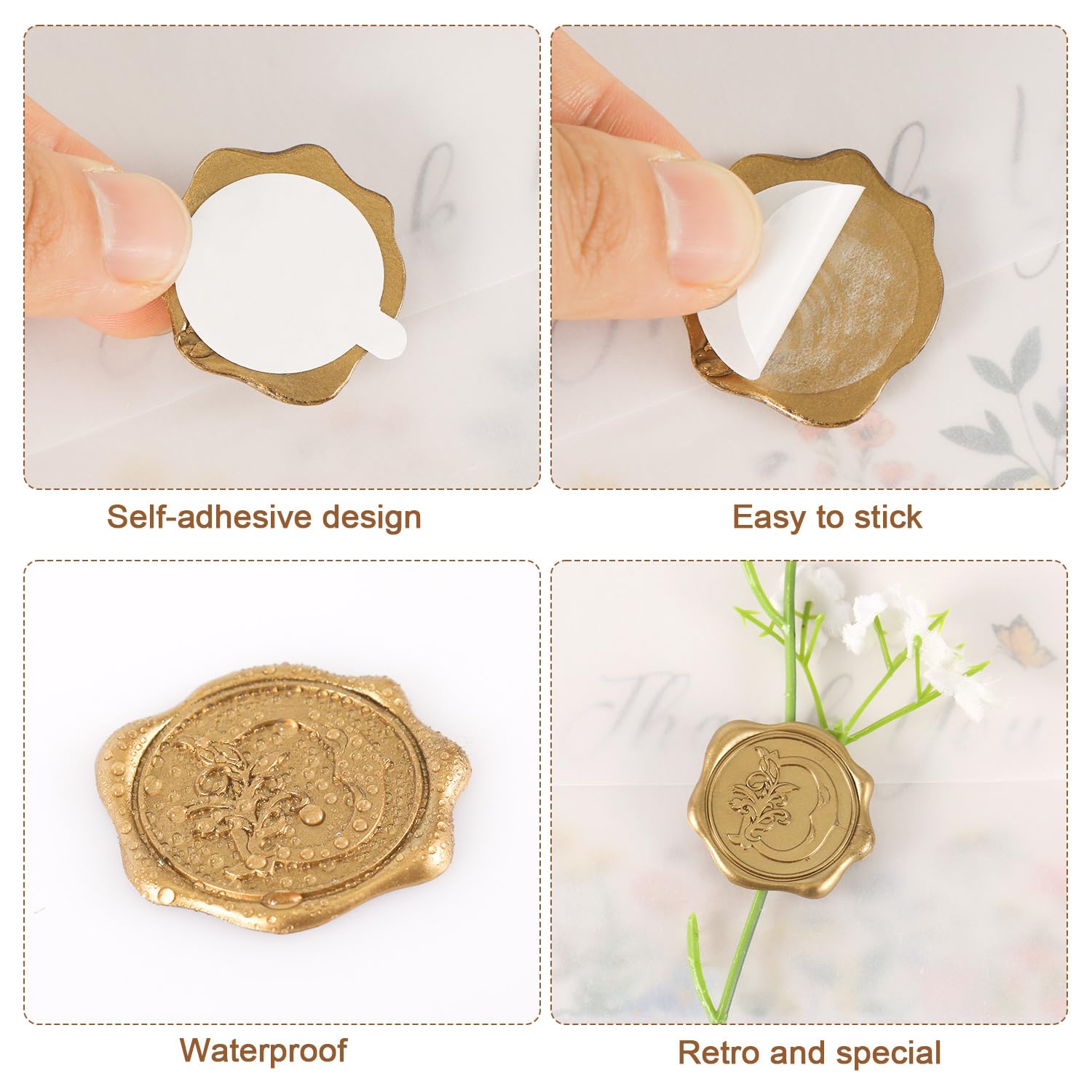 50pcs Self-Adhesive Wax Seal Stickers - Gold Alphabet Letter Seals for Wedding Invitations, Christmas Cards & Envelopes | Elegant Bronze Decorative Seals for DIY Crafts, Party Favors & Gift Wrapping