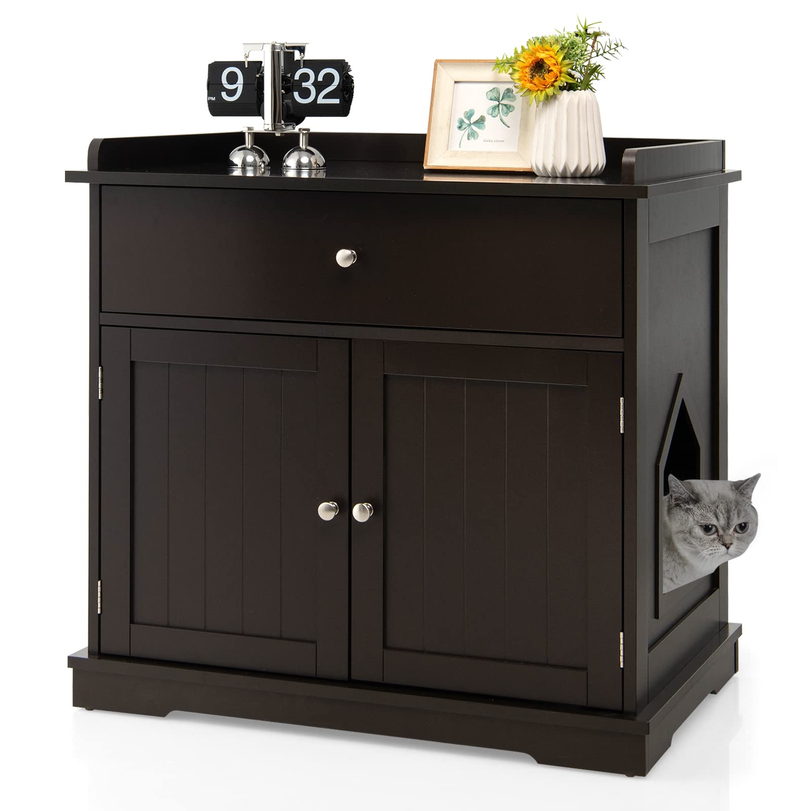 PETSITE Large Cat Litter Box Enclosure - Wooden Cat Washroom End Table with Drawer & 2 Doors, Hidden Litter Box Furniture Storage Cabinet for Home Decor (Brown) | Perfect for Small Spaces & Multi-Cat Households