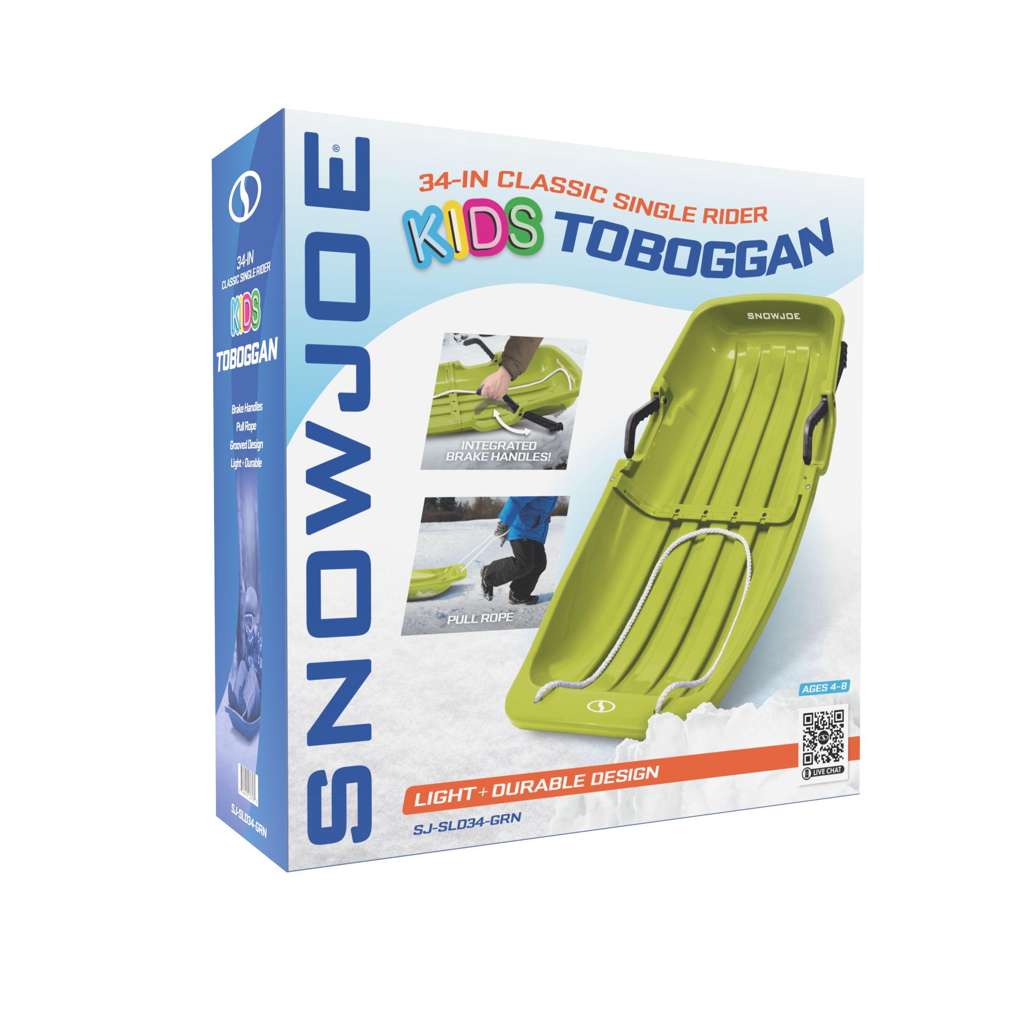 Snow Joe SJ SLD34 GRN 34-Inch Green Snow Sled for Kids Ages 4-8 | 2-Rider Capacity | Winter Outdoor Fun for Snow Play & Sledding Adventures