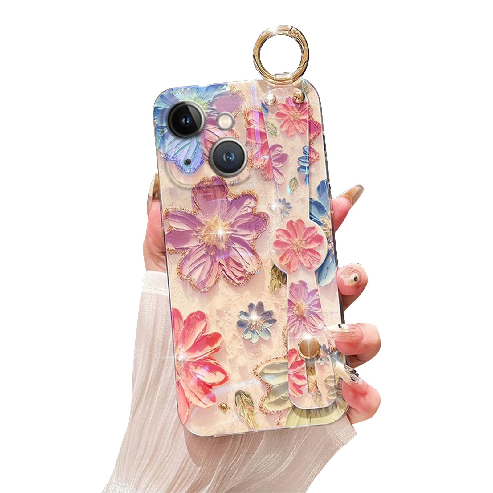 Shockproof iPhone 13 Case with Kickstand & Adjustable Wrist Strap - Soft Grip Holder Cover for 6.1 Inch iPhone 13 (Cherry Blossom Design) - Perfect for Gym, Travel & Outdoor Activities