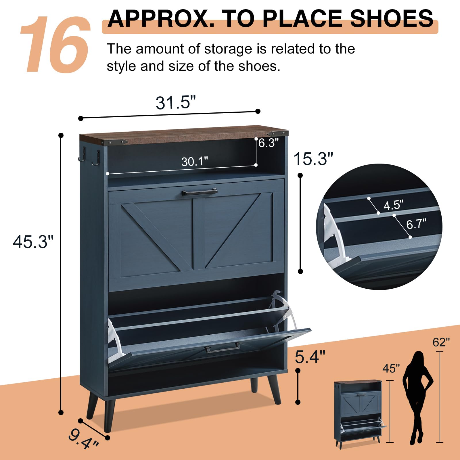 Farmhouse Shoe Storage Cabinet with 2 Flip Drawers & Barn Door Design - Freestanding Hidden Slim Narrow Shoe Rack Organizer for Entryway, Foyer, Hallway - Blue | Perfect for Small Spaces & Home Organization