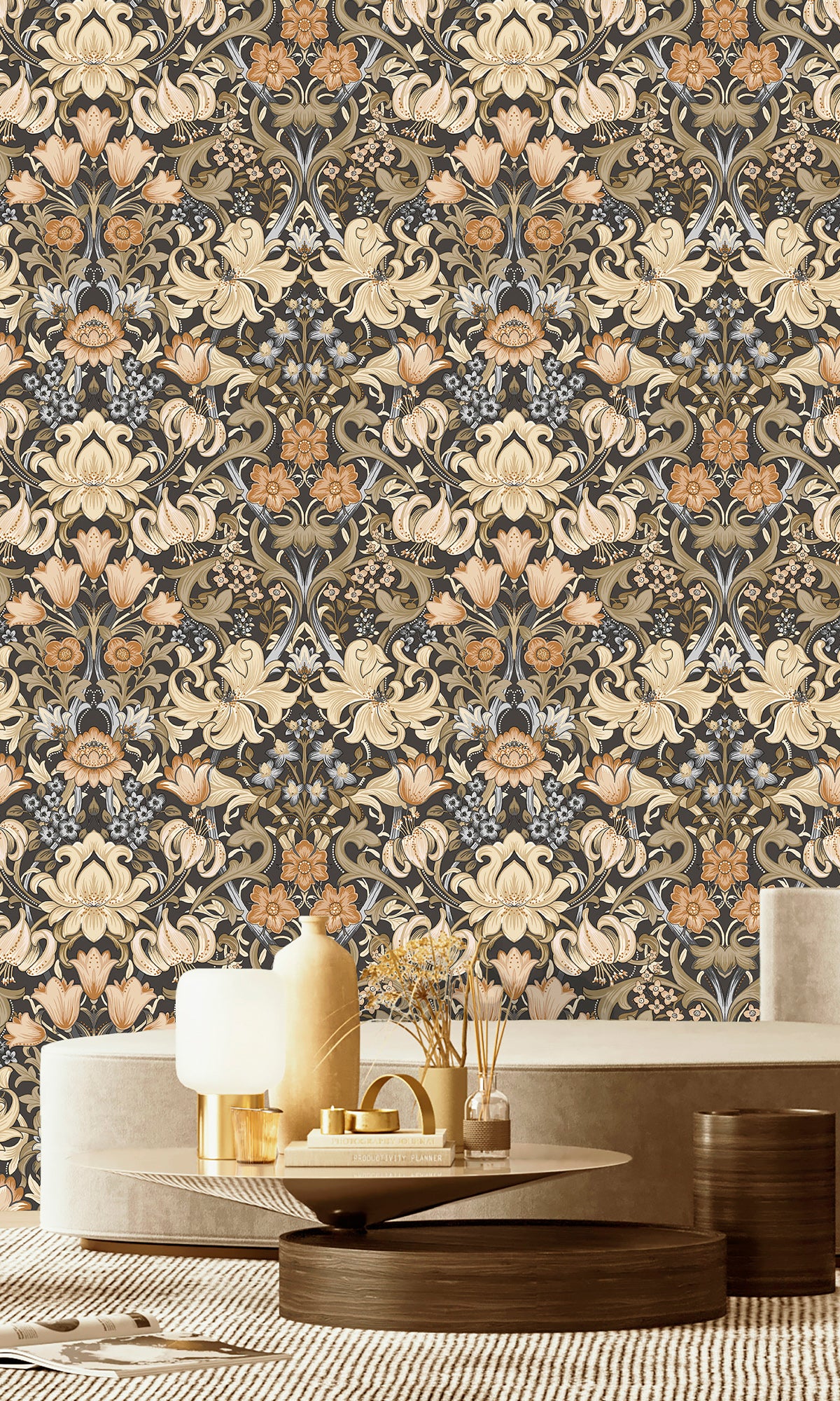 Charcoal and Orange Elegant Floral Damask Wallpaper R9635 - Premium Peel and Stick Wallpaper for Living Room, Bedroom, Dining Room Decor