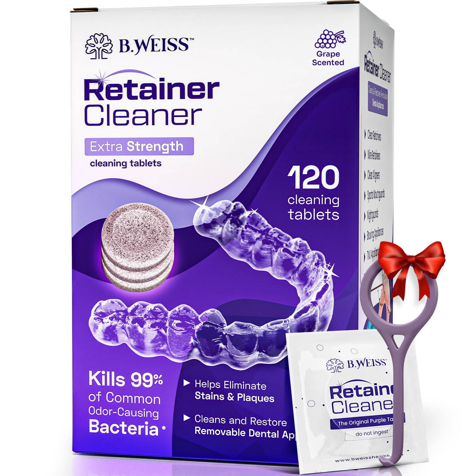 Weiss Naturals Retainer Cleaner Tablets - Invisalign & Denture Cleaner for Stain, Odor & Plaque Removal | FSA/HSA Eligible | Sulfate-Free | 120 Grape Scented Tablets (4-Month Supply) | Perfect for Night Guards, Clear Aligners & Dental Appliances