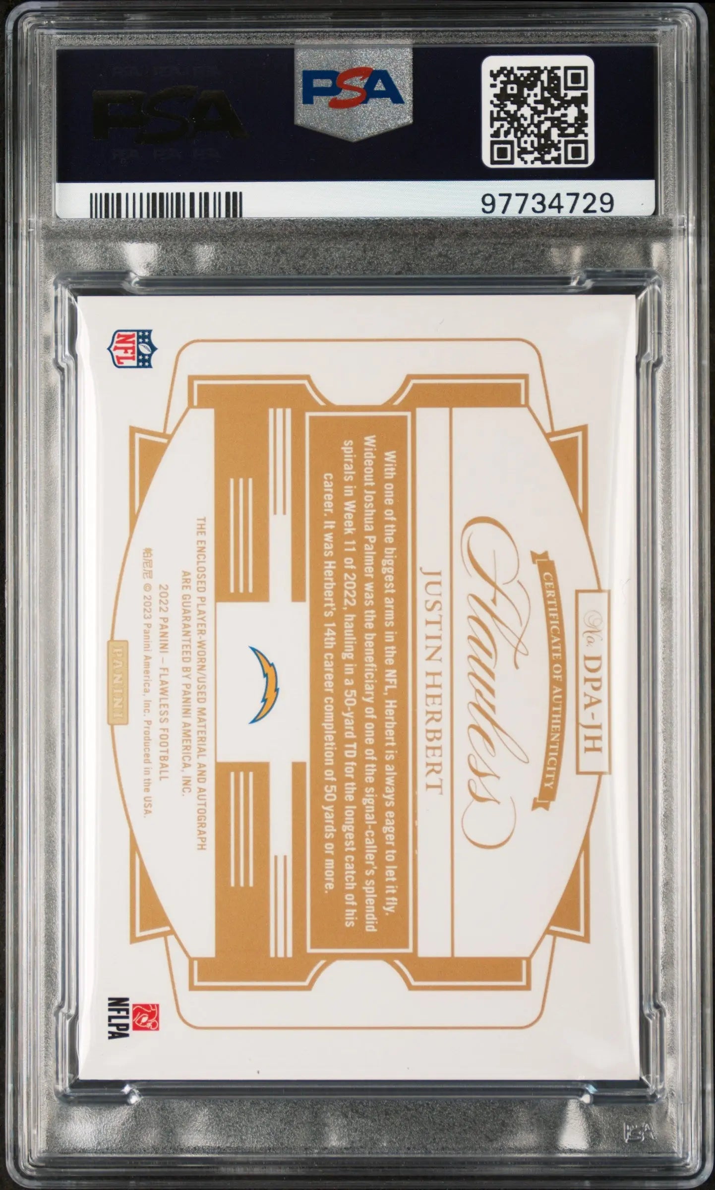 2022 Panini Flawless Justin Herbert Ruby Dual Patch Autographs PSA 8 4/8 - Rare Football Trading Card for Collectors & Sports Memorabilia Enthusiasts - Perfect for Display, Investment & Gifting