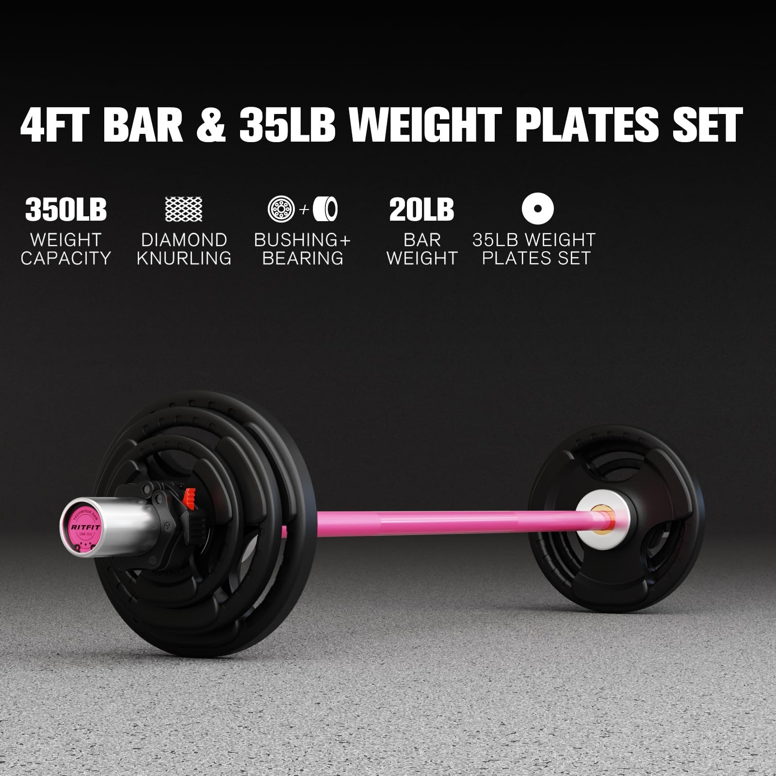 RITFIT 4ft/6ft Olympic Barbell for Strength Training - 2 Inch Weightlifting Bar for Squat, Deadlift, Bench Press - 500lbs Capacity with Weight Plates - Perfect for Home Gym & CrossFit Workouts